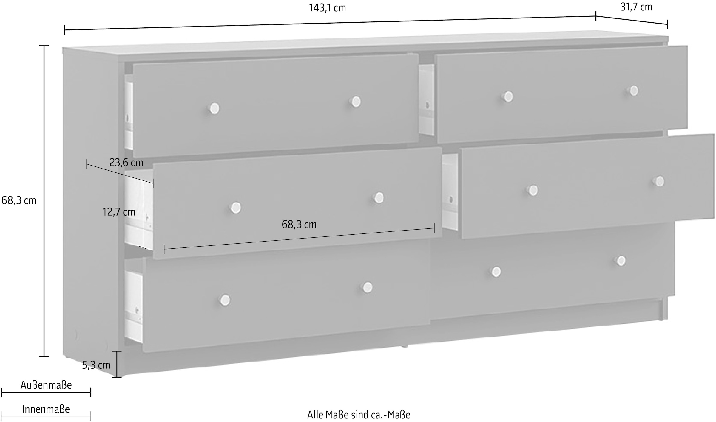 Home affaire Sideboard »May, Aufbewahrung, Schubkastenkommode, Stauraum, Scandi-stil«, Mit 6 Schubladen, Knopfgriffen, mehrere farben, T: 30 x B: 143 cm