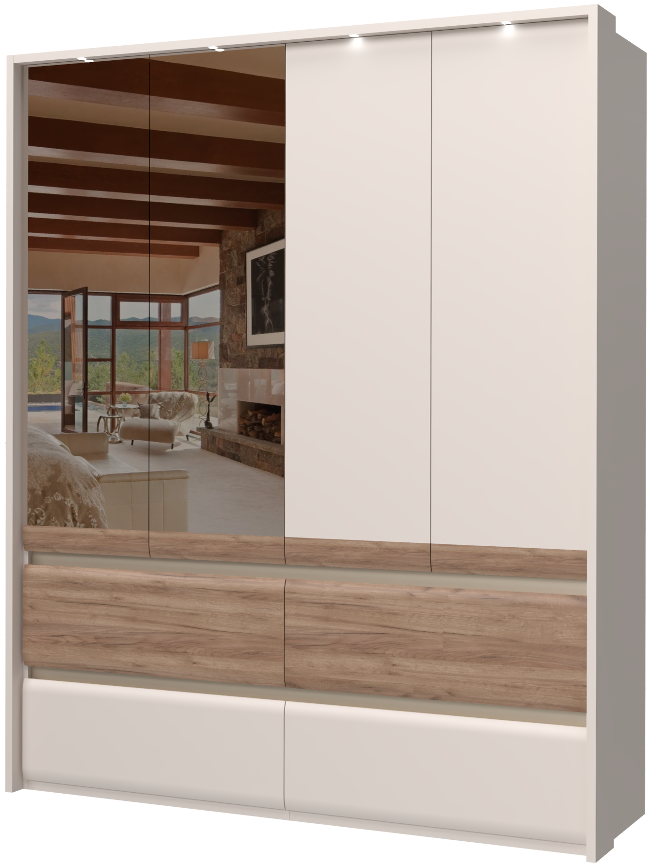 PLACES OF STYLE Kleiderschrank »Invictus, UV lackiert, FSC-zertifiziert, grifflose Optik« abgerundete Schubladen aus MDF im Holzdekor, soft-close,  mit Beleuchtung und Spiegel, in 4 Breiten, hoher Schrank (226cm)