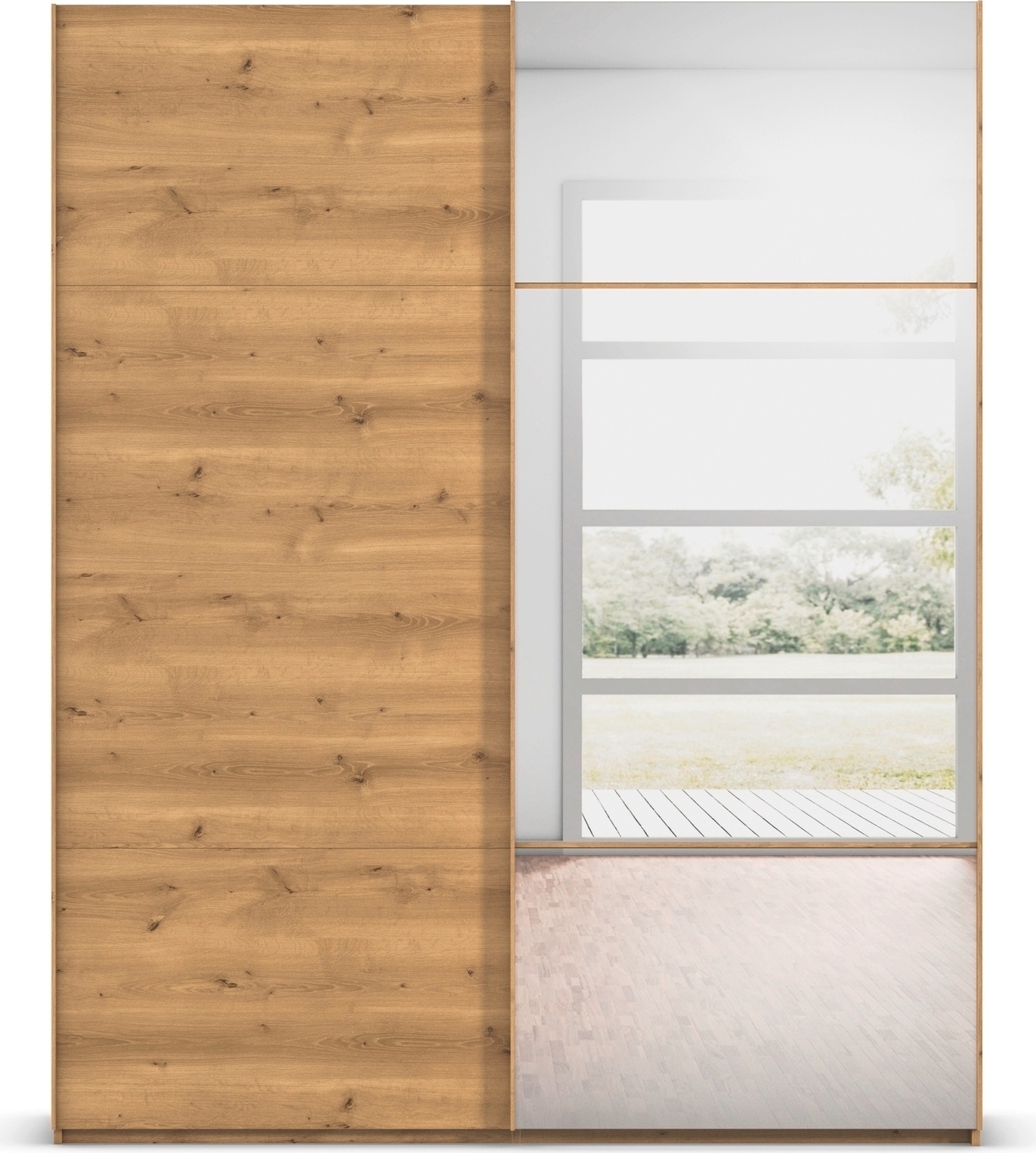 rauch Schwebetürenschrank »Kleiderschrank Schrank Garderobe Schlafzimmerschrank SCALE-TRIO« edle dreigeteilte Front mit 2 Zierleisten und Spiegel MADE IN GERMANY