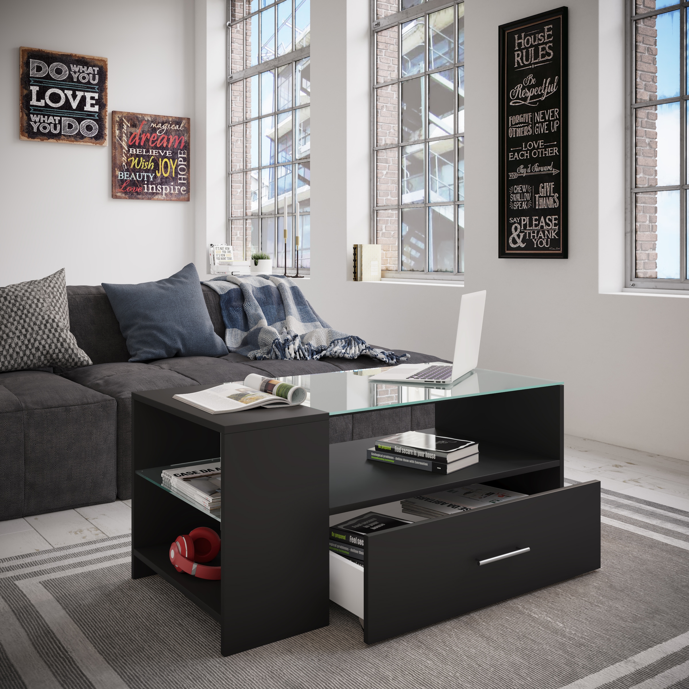 VCM Couchtisch »VCM Holz Couchtisch mit ESG-Sicherheitsglas | Sofatisch mit ausreichend Stauraum | Maße ca. H. 45 x B. 100 x T. 50 cm | Wohnzimmertisch mit Schublade - Tindala«, (Tindala)