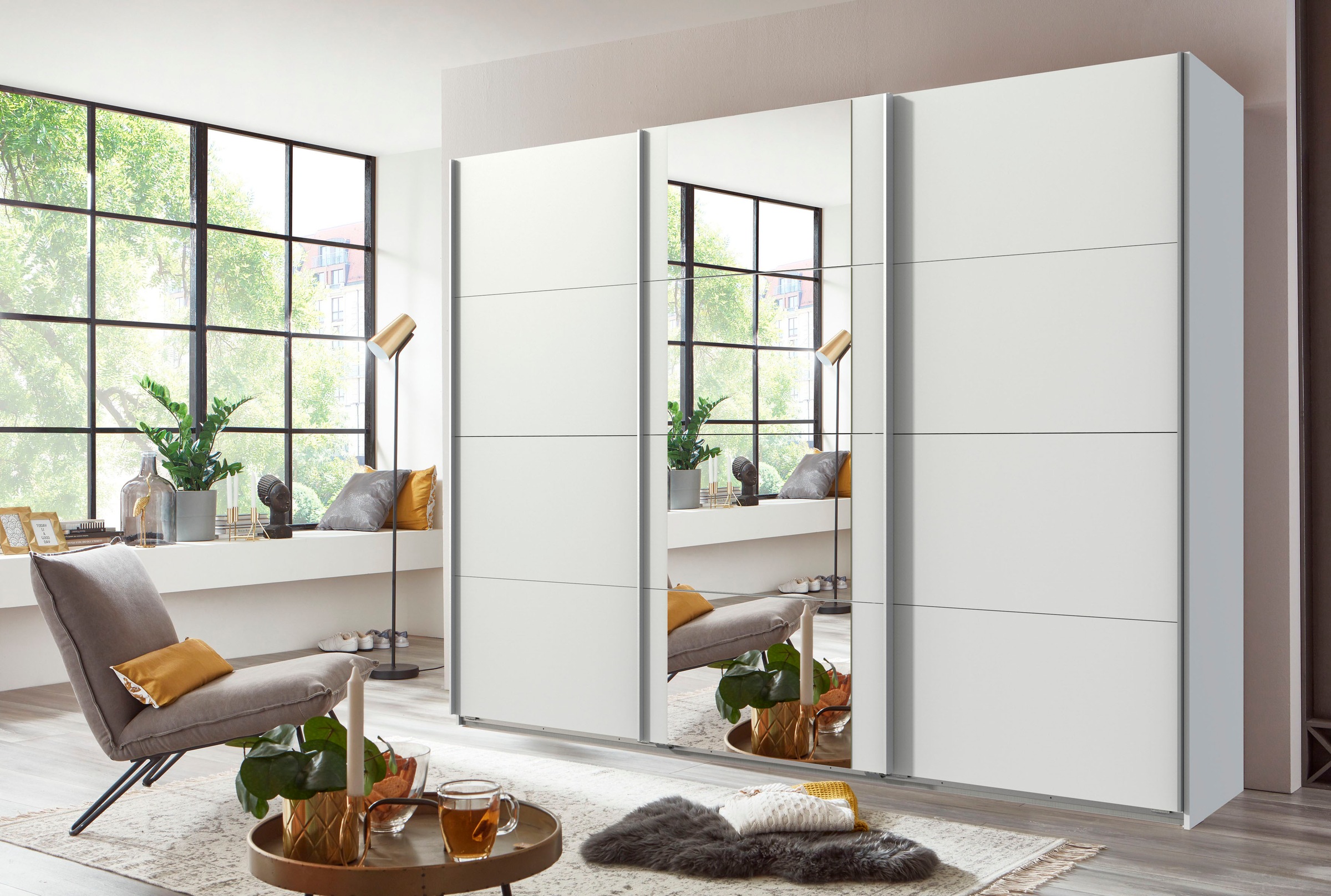 Wimex Schwebetürenschrank »Barmbek Schlafzimmerschrank BESTSELLER Garderobenschrank«, Kleiderschrank mit 2 Stoffboxen und 2 zusätzlichen Böden, Spiegeltür