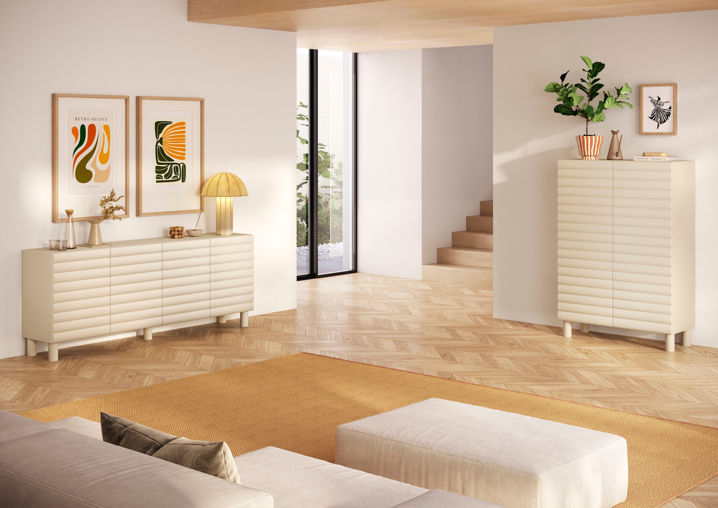 OTTO home Highboard »Adria, B/H 101/147 cm, 2 Türen, Hochkommode, Stauraumschrank« Korpus Talco Spatolato, MDF-Fronten in 3D-Design, viel Stauraum
