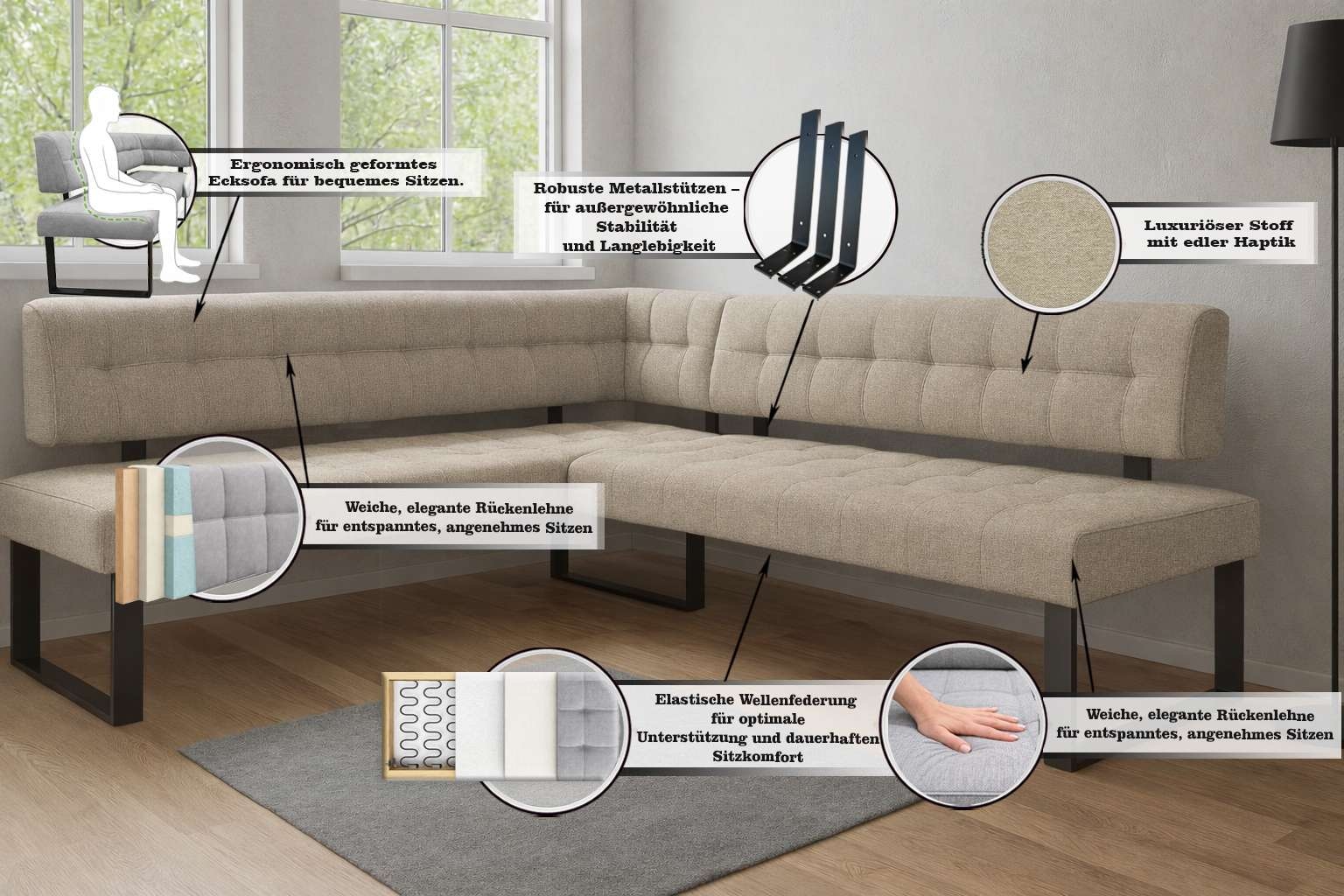 Home affaire Eckbankgruppe »Mia Essecke, Sitzgruppe, Eckbankgruppe, Küchenbankgruppe« Set, 4er, 4 tlg. Eckbank mit Wellenfederung; Tisch in Eiche massiv