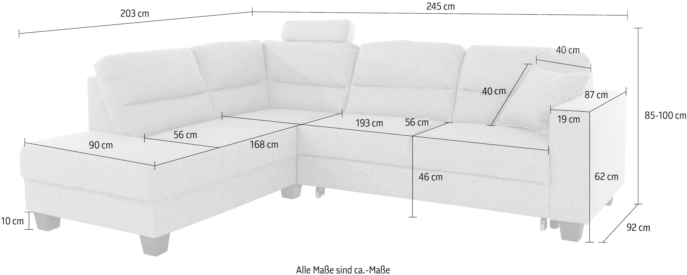 TRENDMANUFAKTUR Ecksofa »Chamber, zeitlos & elegant, bequem, L-Form« inklusive einer Kopfstütze, wahlweise Schlaffunktion, B/T 203/245cm