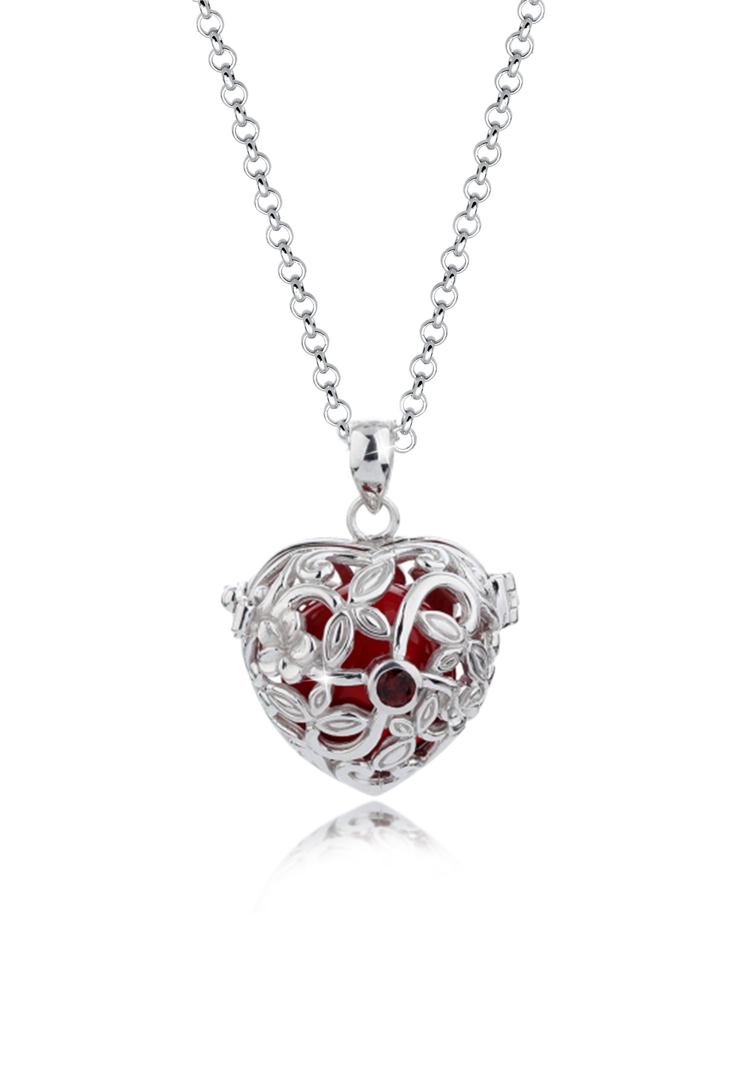 Nenalina Lange Kette »Halskette Herz Klangkugel Granat Ornament 925 Silber«