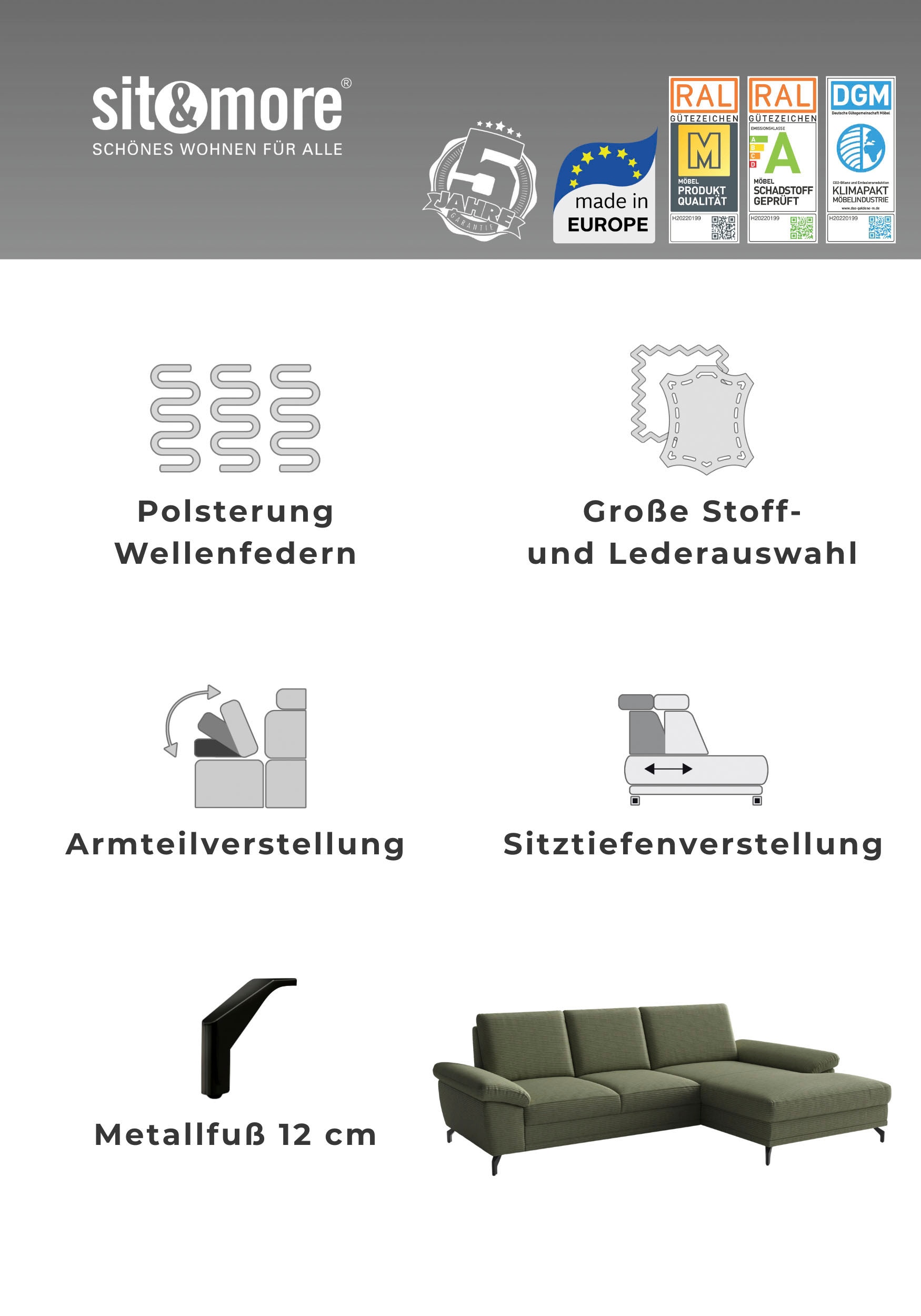 sit&more Ecksofa »Chelsea L-Form, B: 249 cm, Armteil- & Sitztiefenverstellung« Couch optional mit Schlaffunktion und Bettkasten, Sitzhöhe 45 cm