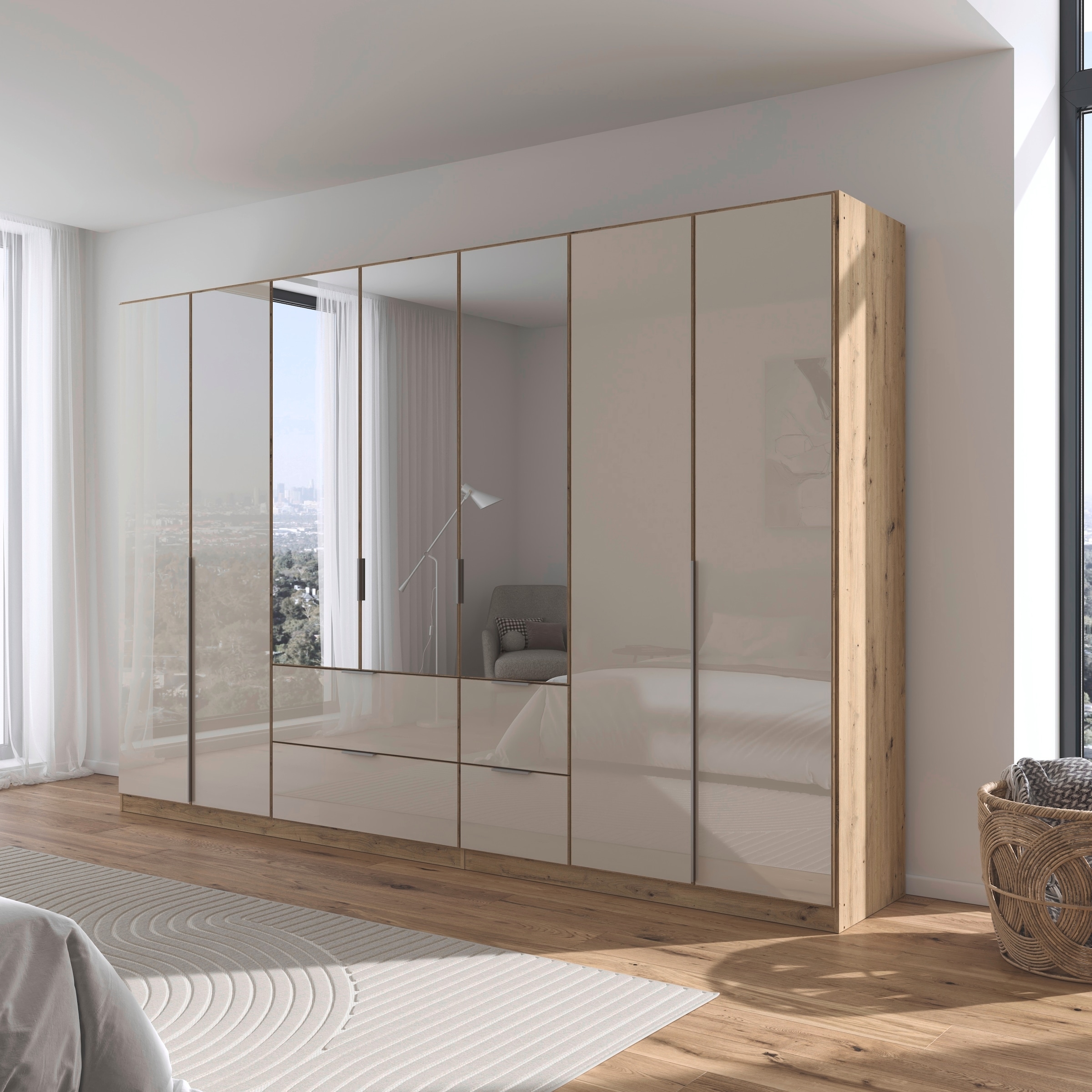 rauch Drehtürenschrank »Kleiderschrank Kleiderschränke Schrank Garderobe AGORDO mit Glasfront«, (in zwei Griff-Farben, Breiten 91-360 cm), mit Außenschubkästen, in 7 Breiten und 2 Höhen MADE IN GERMANY
