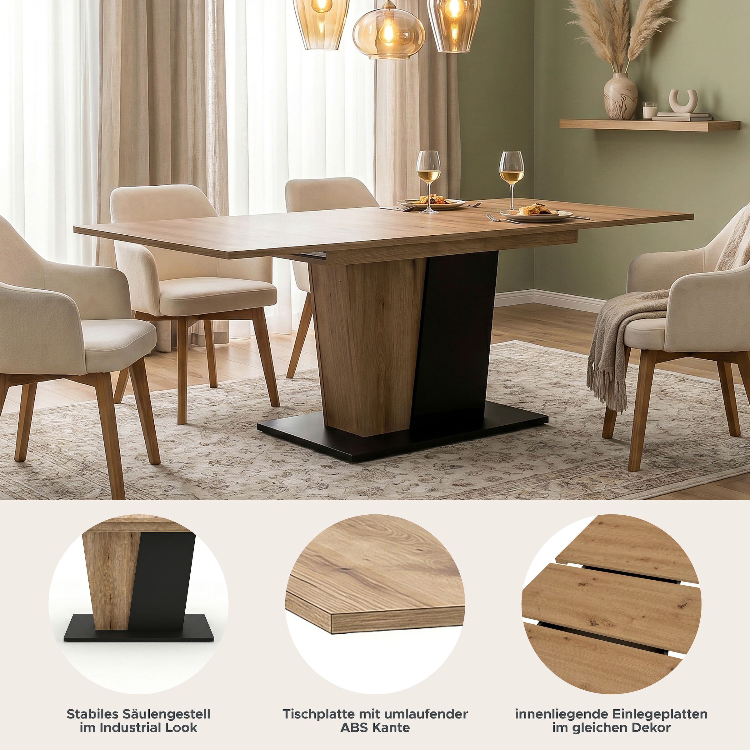 OTTO home Esstisch »MONOLITH, ausziehbar 150 -230 cm, inklusive 2x 40 cm Einlegeplatte« V-Gestell mit Bodenplatte, Tisch, Küchentisch, Esszimmer, Küche