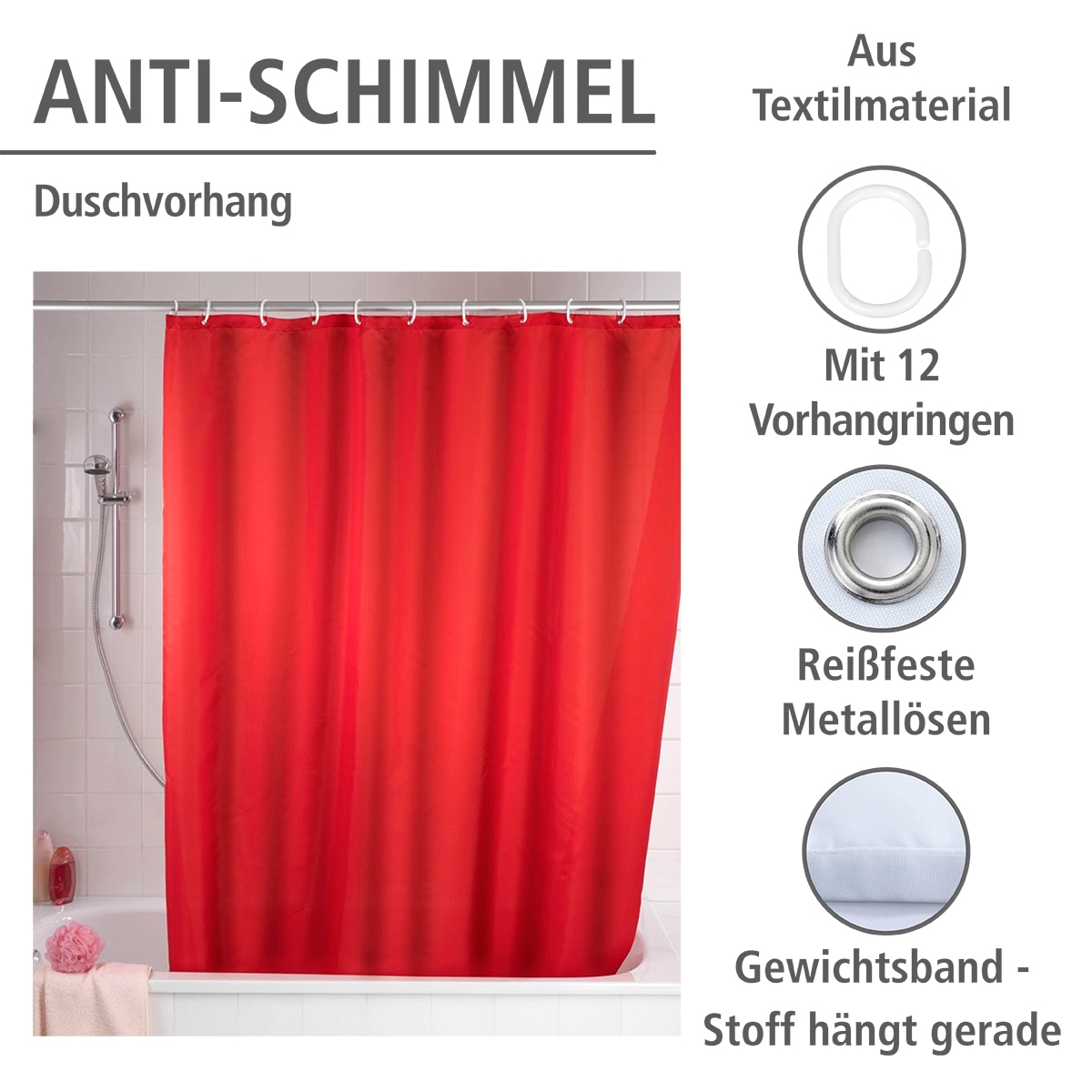 WENKO Duschvorhang »Uni Red«, Höhe 200 cm, waschbar