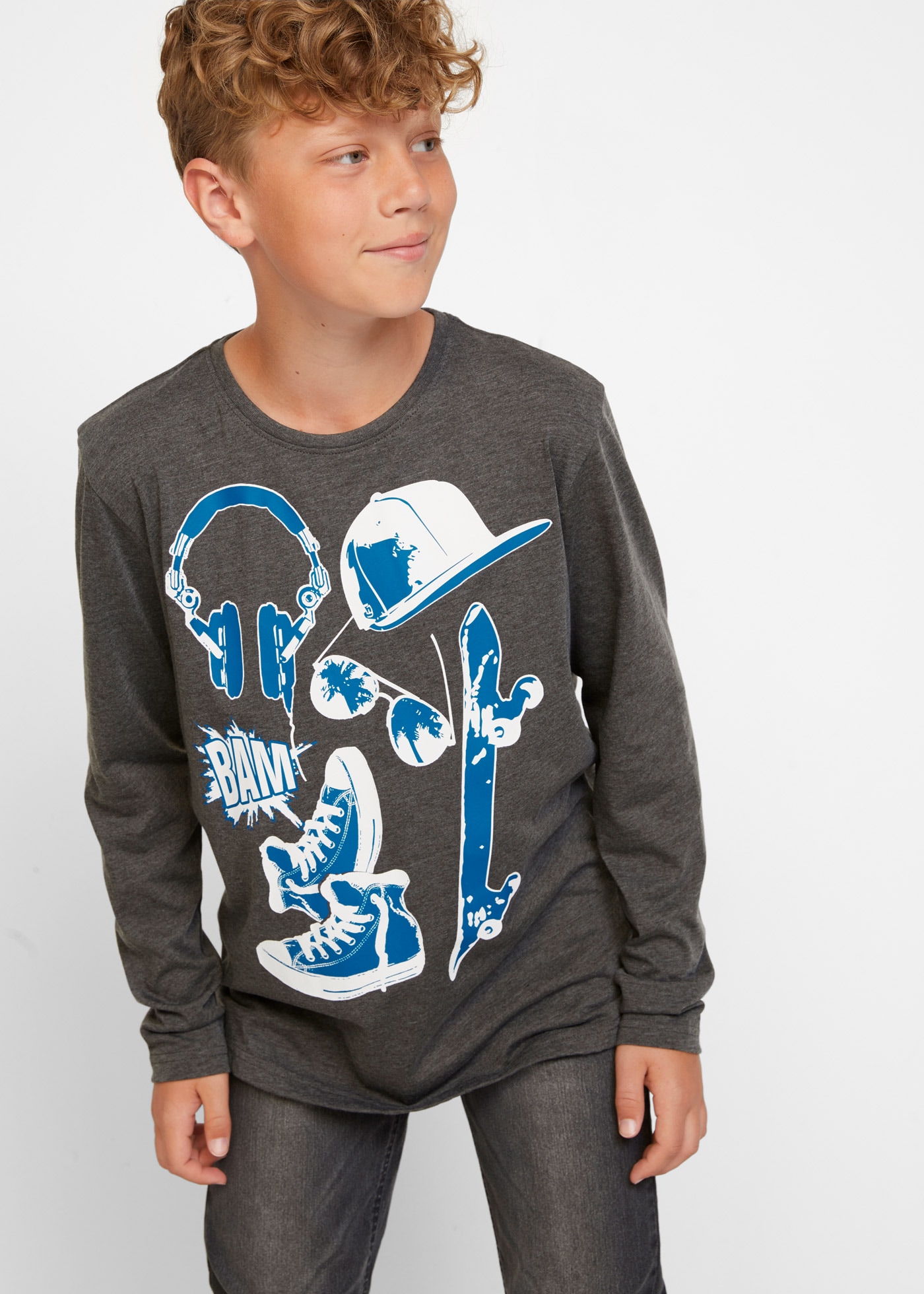 bonprix Langarmshirt Packung, 2 tlg. bequeme Passform, mit großflächigem Print, für Schule und Freizeit