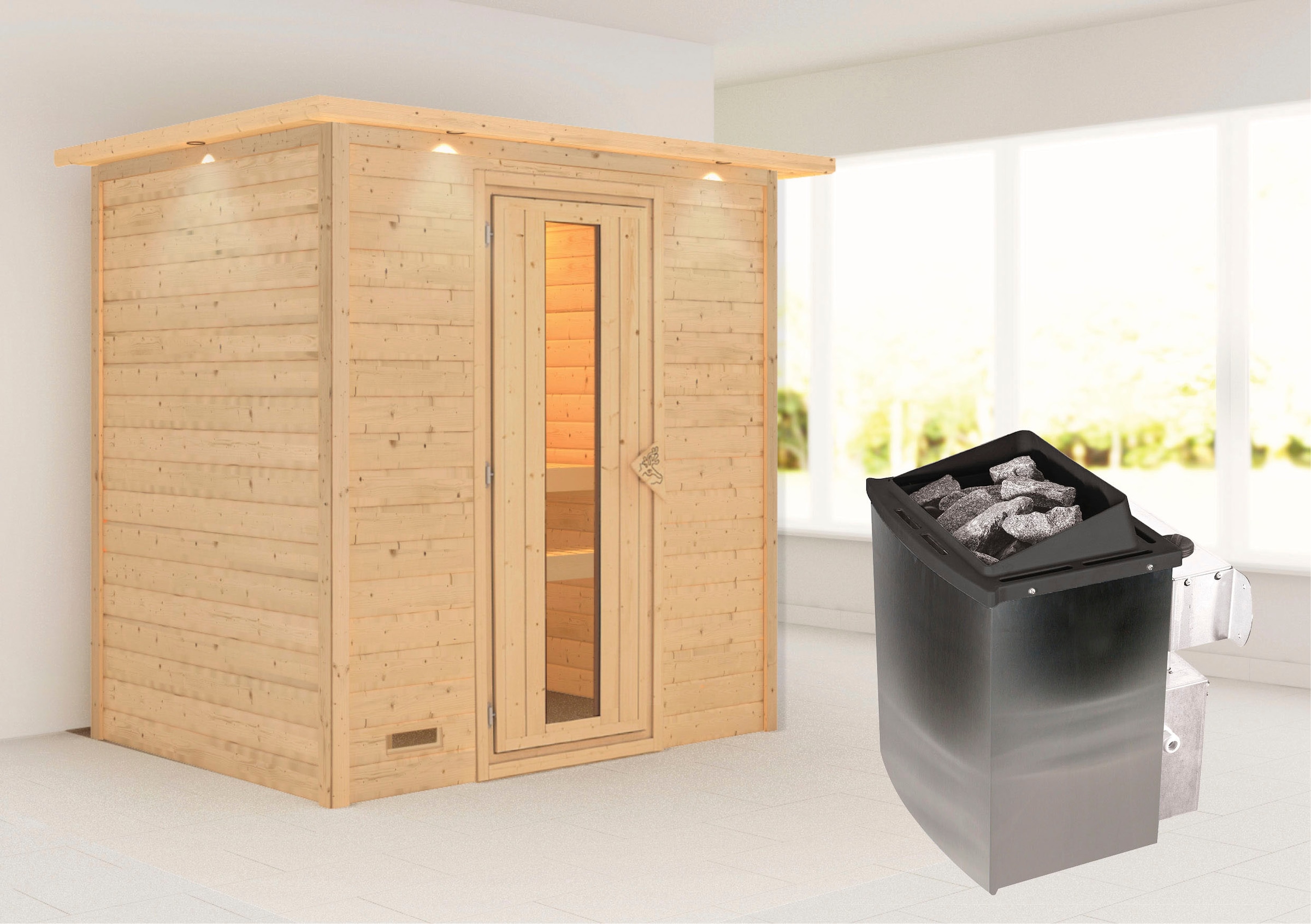 Karibu Sauna »"Sonja" mit Energiespartür und Kranz Ofen 9 kW integr. Strg«