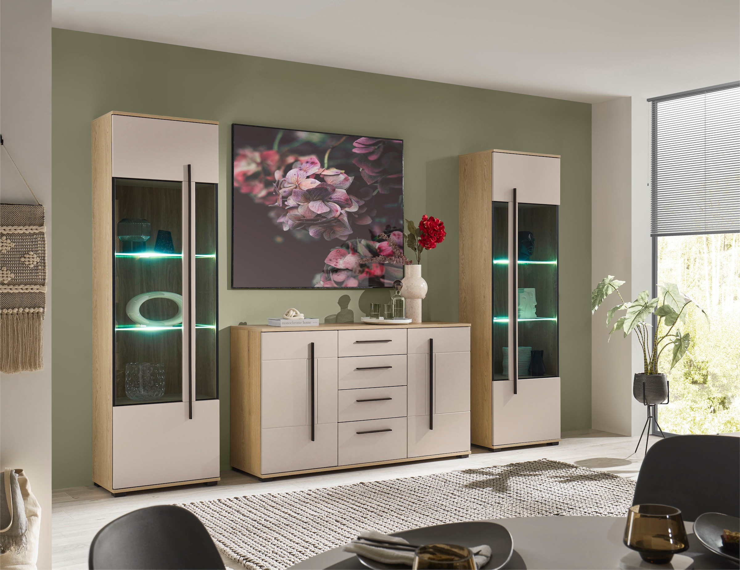 Home affaire Wohnwand »Cantara, Anbauwand, Wohnzimmer-Set, in Eiche Evoke, Weiß oder Kaschmir« Set, 