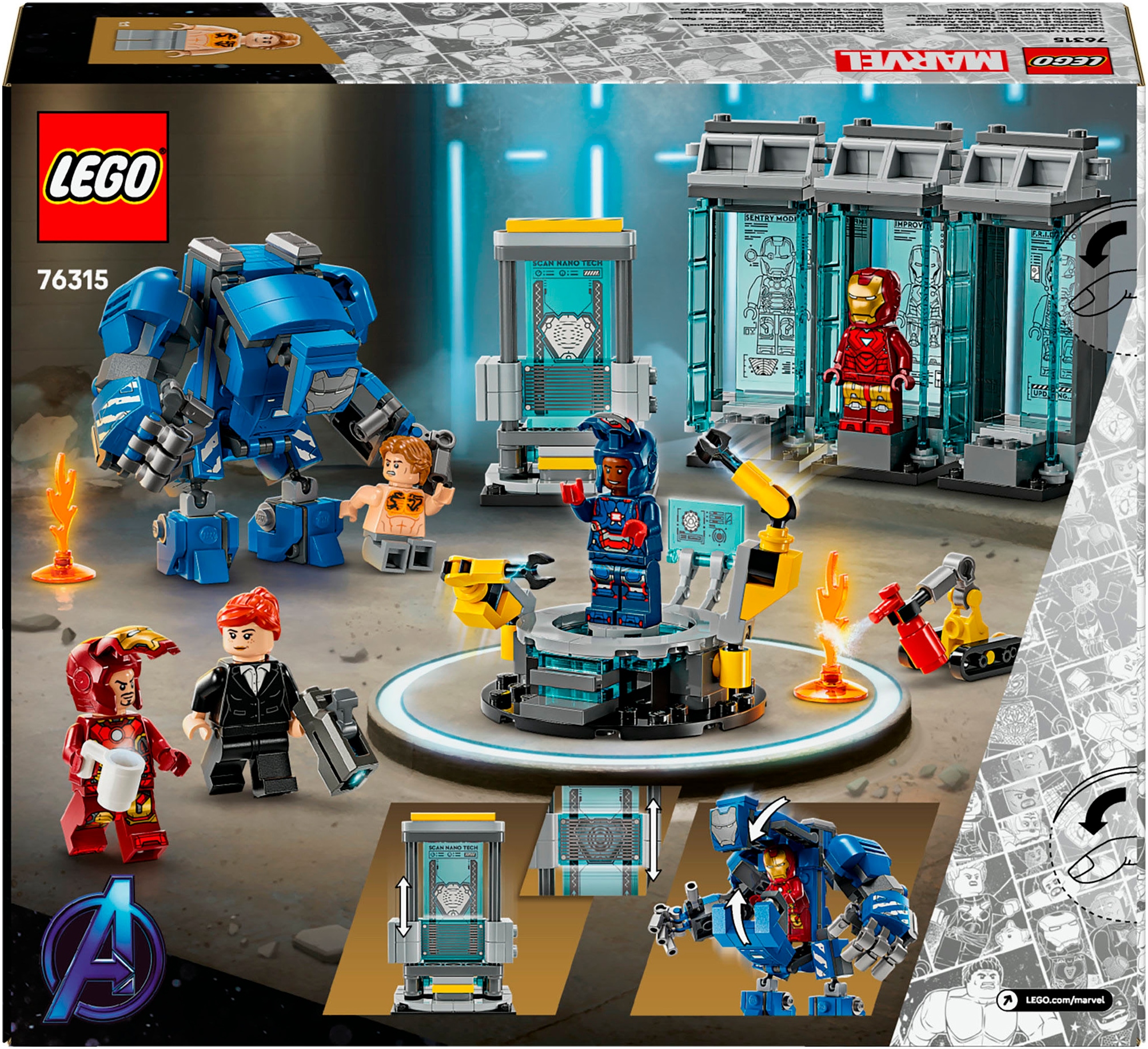 LEGO® Konstruktionsspielsteine »Iron Mans Labor: Halle der Rüstungen (76315), LEGO Super Heroes«, (384 St.), Made in Europe