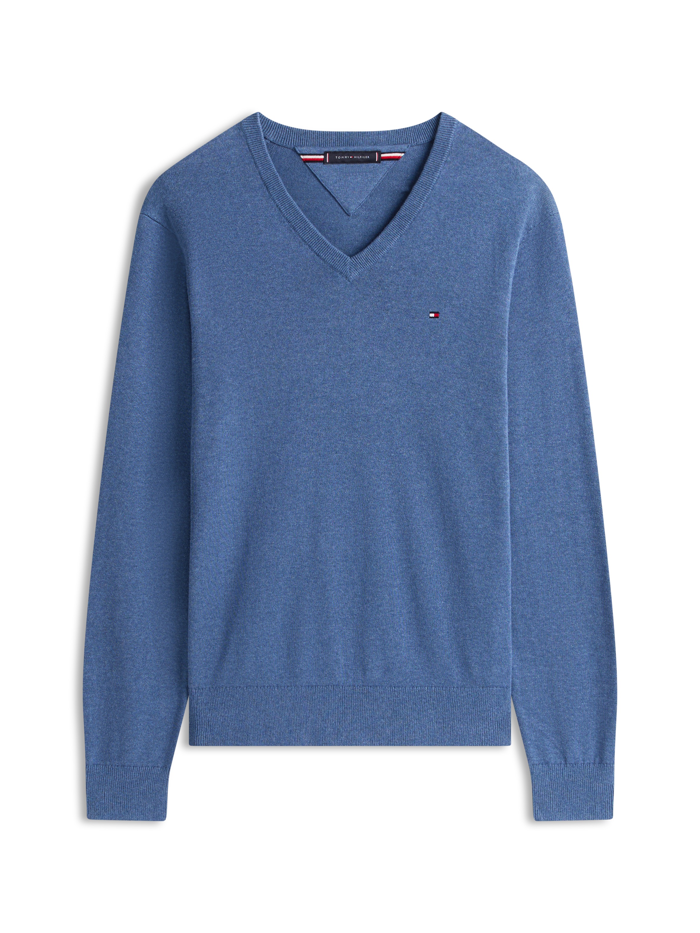 Tommy Hilfiger Strickpullover »ESSENTIAL COTTON V NECK mit V-Ausschnitt und Stickerei« unifarben, casual, regular fit, Baumwolle, V-Ausschnitt