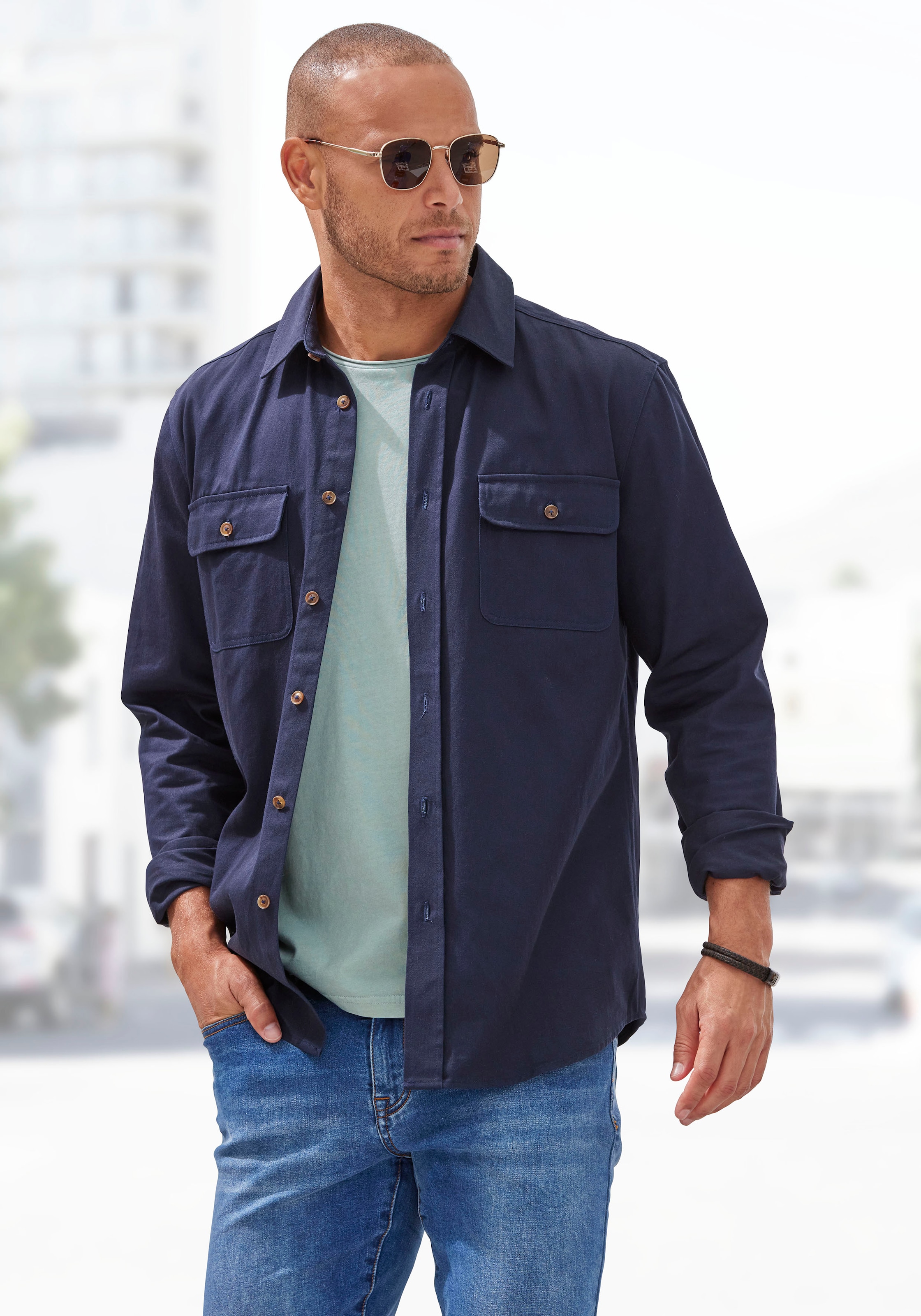 John Devin Langarmhemd, Overshirt aus reiner Baumwolle, mit aufgesetzten Taschen