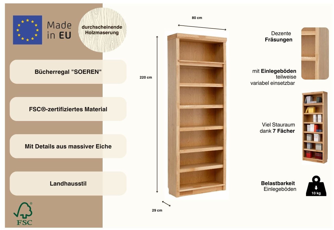 Home affaire Bücherregal »Soeren Eiche Regal B/T/H: 80/29/220/29 cm« teilmassive Eiche, FSC®-zertifiziert