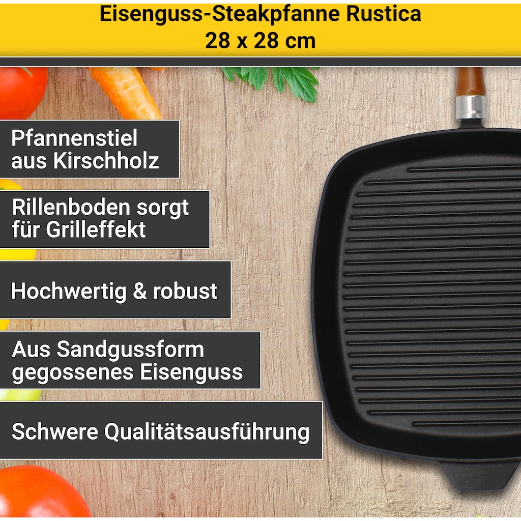 Krüger Steakpfanne »Einsenguss Grill-/ Steakpfanne RUSTICA, 28 x 28cm«, Gusseisen, (1 tlg.), für Induktions-Kochfelder geeignet