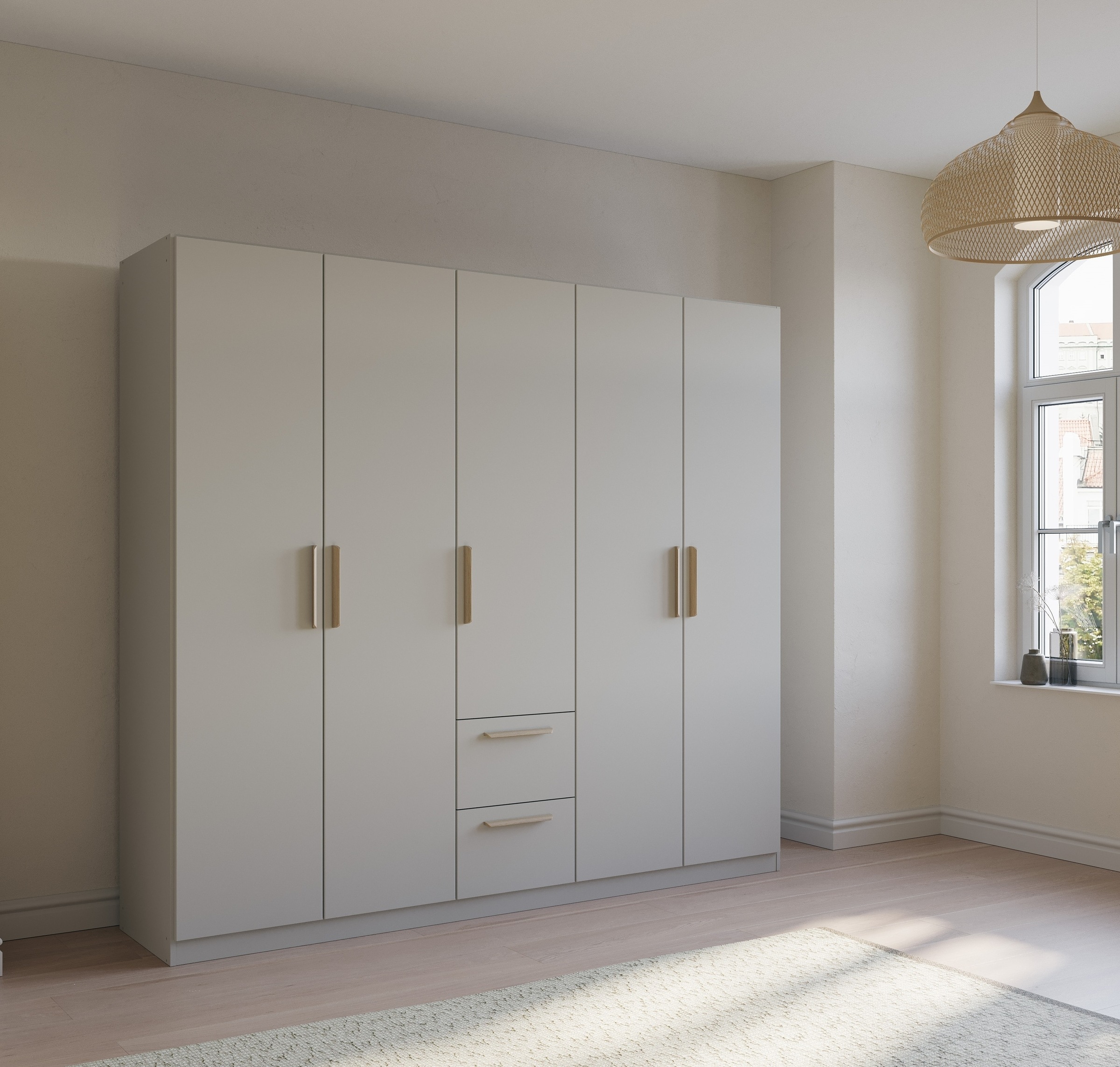rauch Kleiderschrank »Skandi by Quadra Spin Schlafzimmerschrank«, im Landhaus-Stil mit Massivholzgriffen aus Wildeiche, mit Schubladen