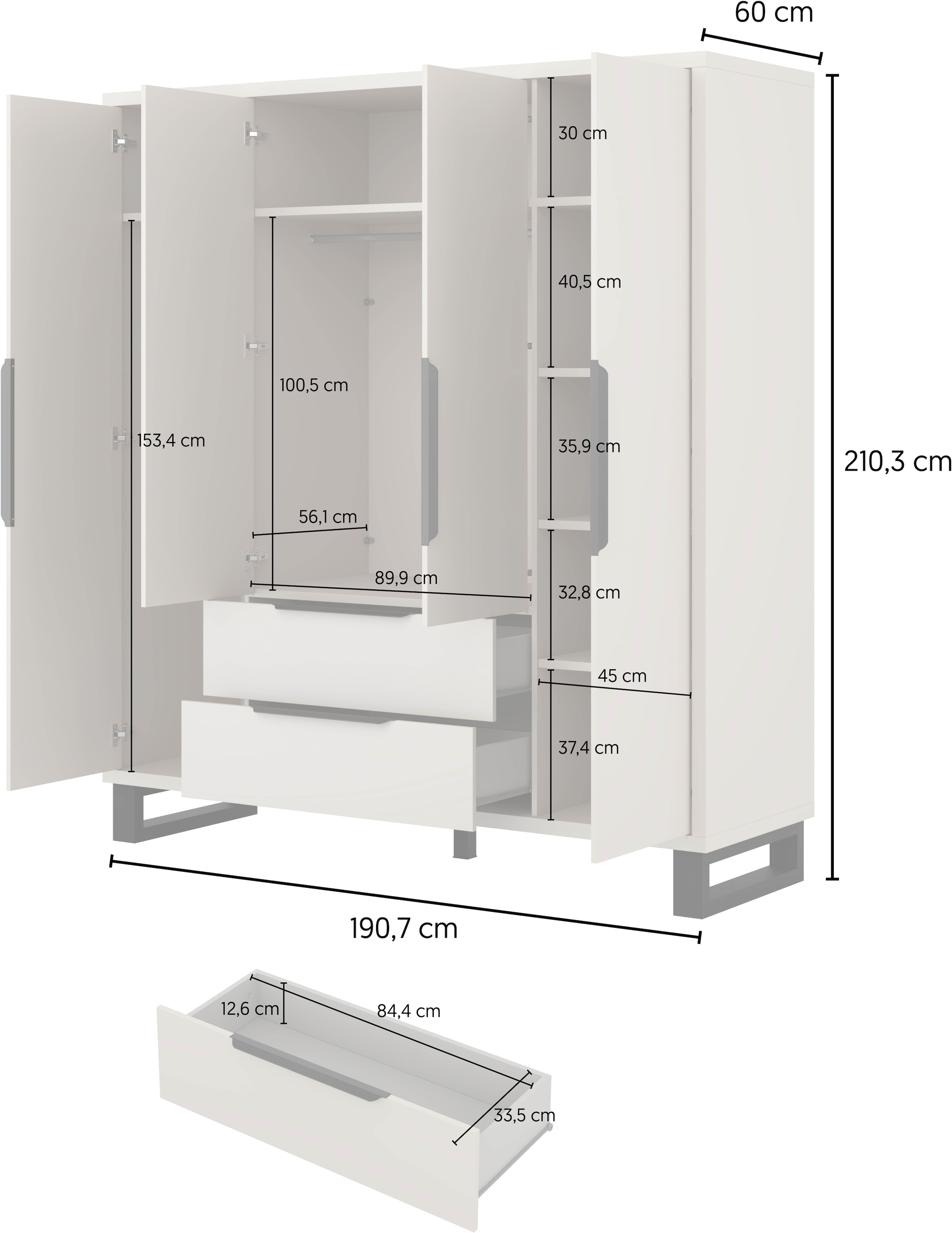 Home affaire Drehtürenschrank »Bronne,Breite 191 cm, Kleiderschrank inclusive Innenausstattung« Kleiderschrank, 2 Schubkästen, Metallgriffe, Garderobe