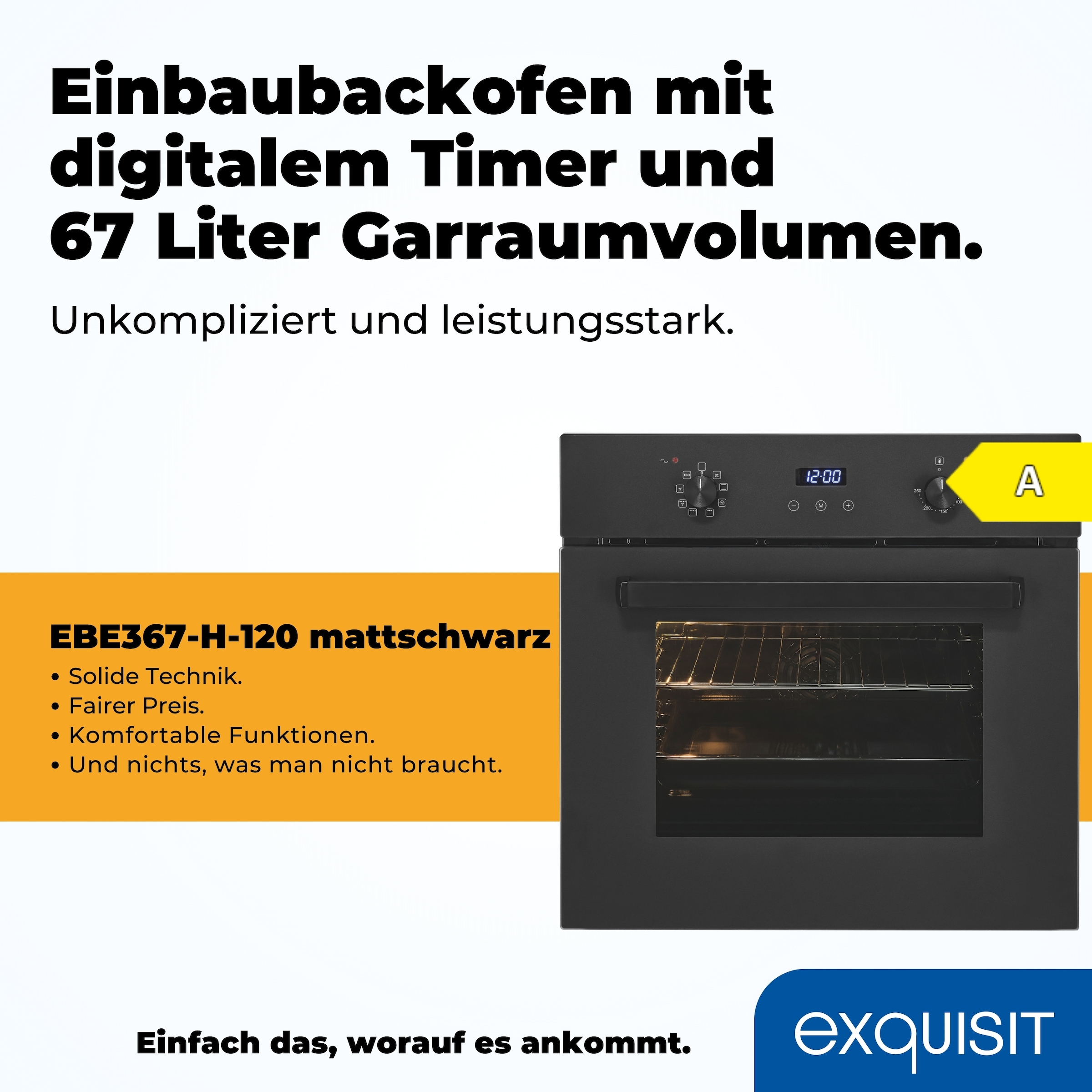 exquisit Einbaubackofen »EBE367-H-120 mattschwarz« Heißluft & dreifach verglaste Tür – Wärme bleibt sicher im Ofen!