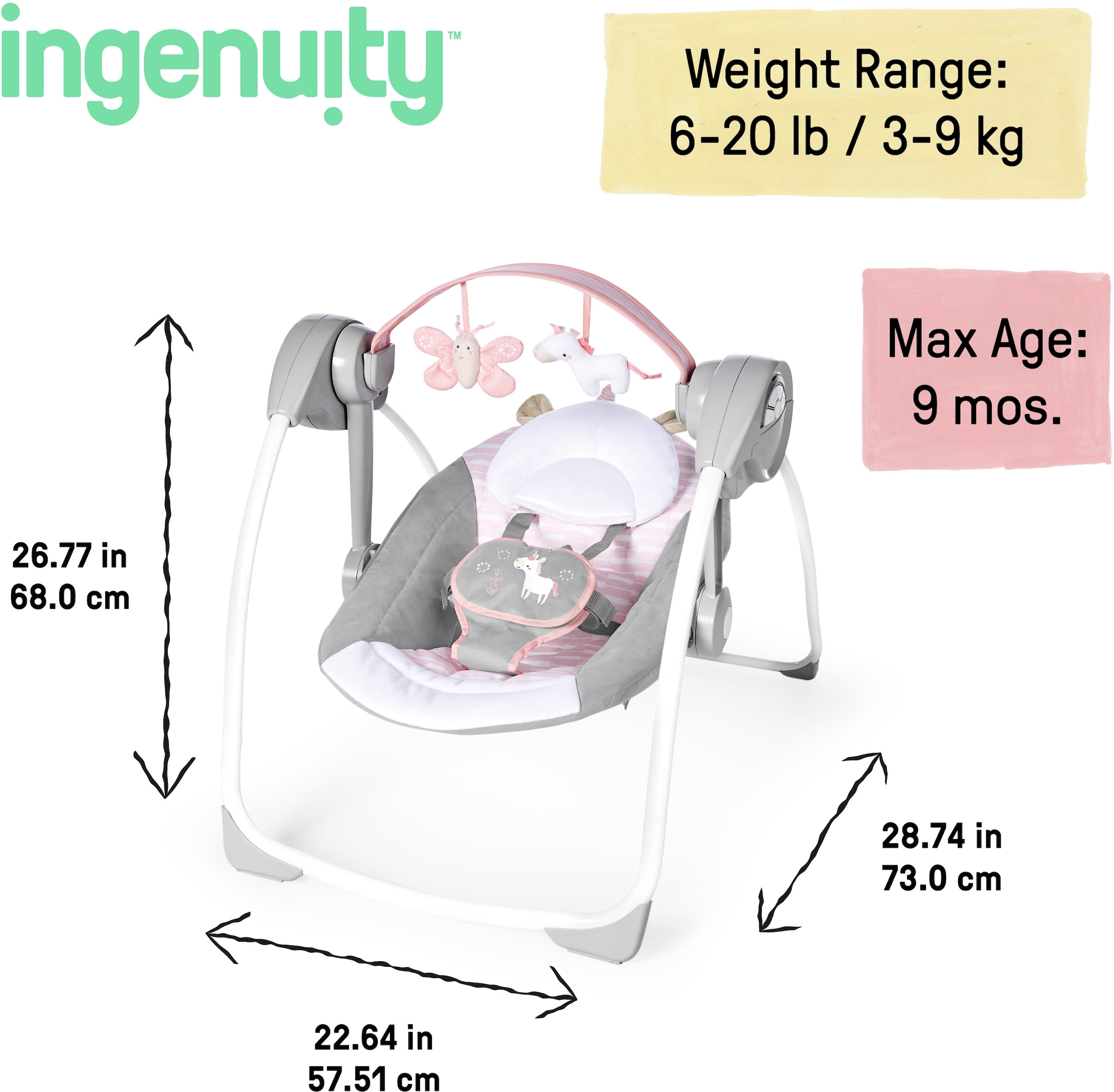 ingenuity Babyschaukel »Comfort 2 Go, Flora Unicorn«, bis 9 kg, tragbar