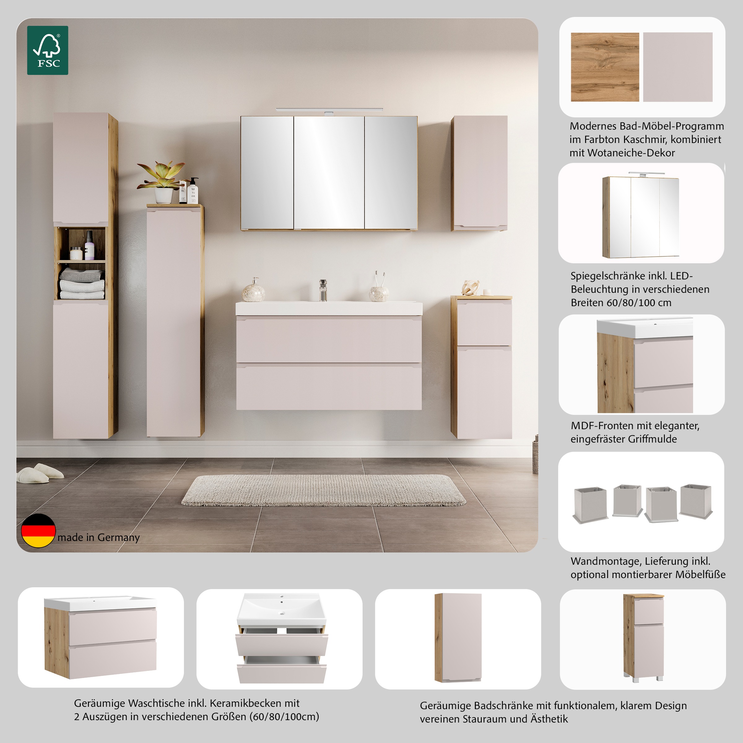 welltime Hängeschrank »CABO, gedämpfte Scharniere« Kaschmir, griffloses Design, reversibel