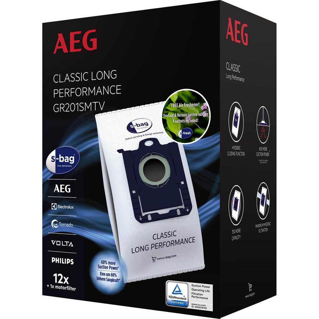 AEG Staubsaugerbeutel »GR201SMTV s-bag Megapack für AEG VX4, VX6, VX7, VX8 und VX9«, Electrolux und Philips,+gratis Duftperlen