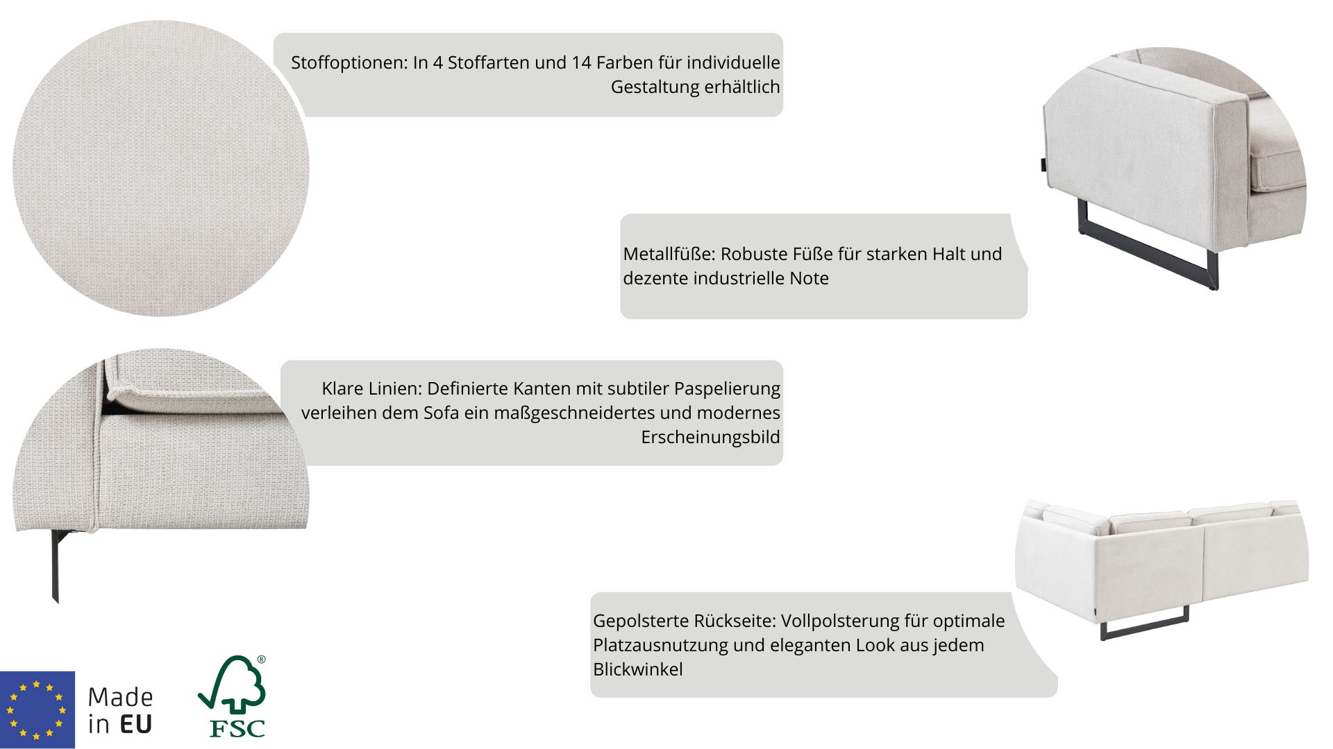 Home affaire Ecksofa »Pinto, 290 cm, Cord, Chenille, Lederoptik, Ottomane links / rechts« mit Keder, schwarze Metallfüße, Wellenunterfederung