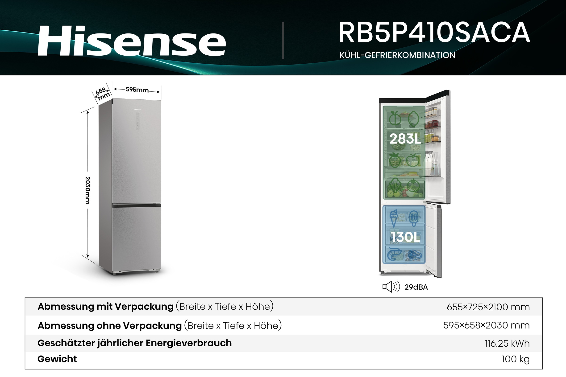 Hisense Kühl-/Gefrierkombination »RB5P410SACA« 203 cm hoch 59,5 cm breit BigVolumen Modell mit insgesamt 413 Liter