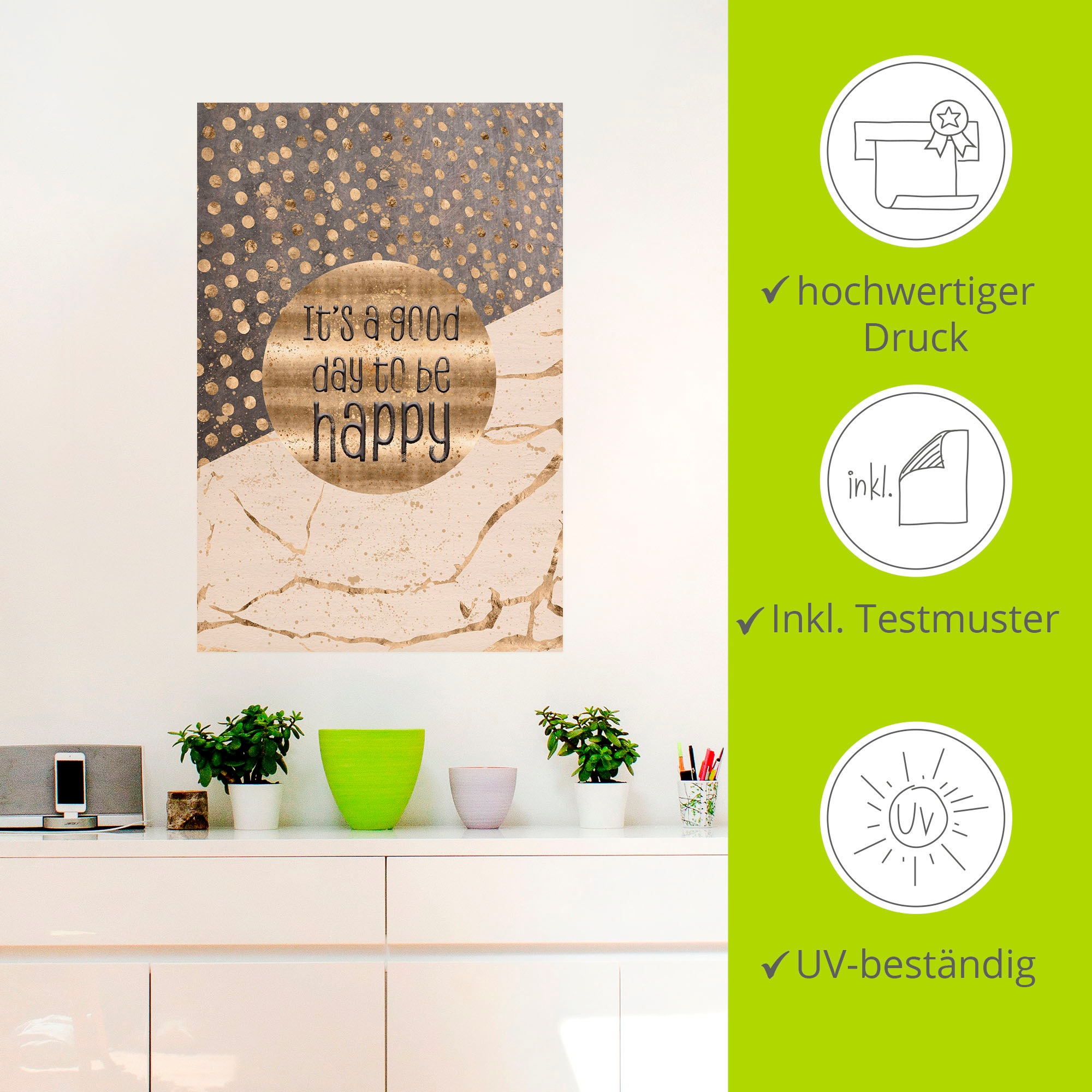 Artland Wandbild »Ein guter Tag um glücklich zu sein«, Sprüche & Texte, (1 St.), als Alubild, Outdoorbild, Leinwandbild, Poster, Wandaufkleber