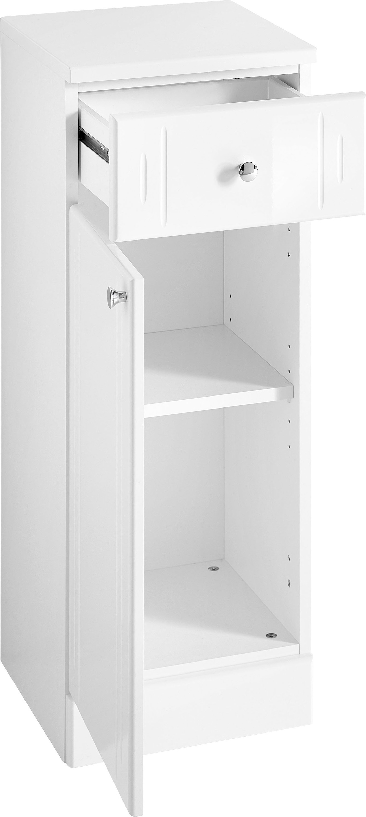 Saphir Unterschrank »Quickset 955 Badschrank mit 1 Tür, 1 Schublade, 32,5 cm breit«, Badezimmer-Unterschrank in Weiß Hochglanz, Griffe Chrom Glanz