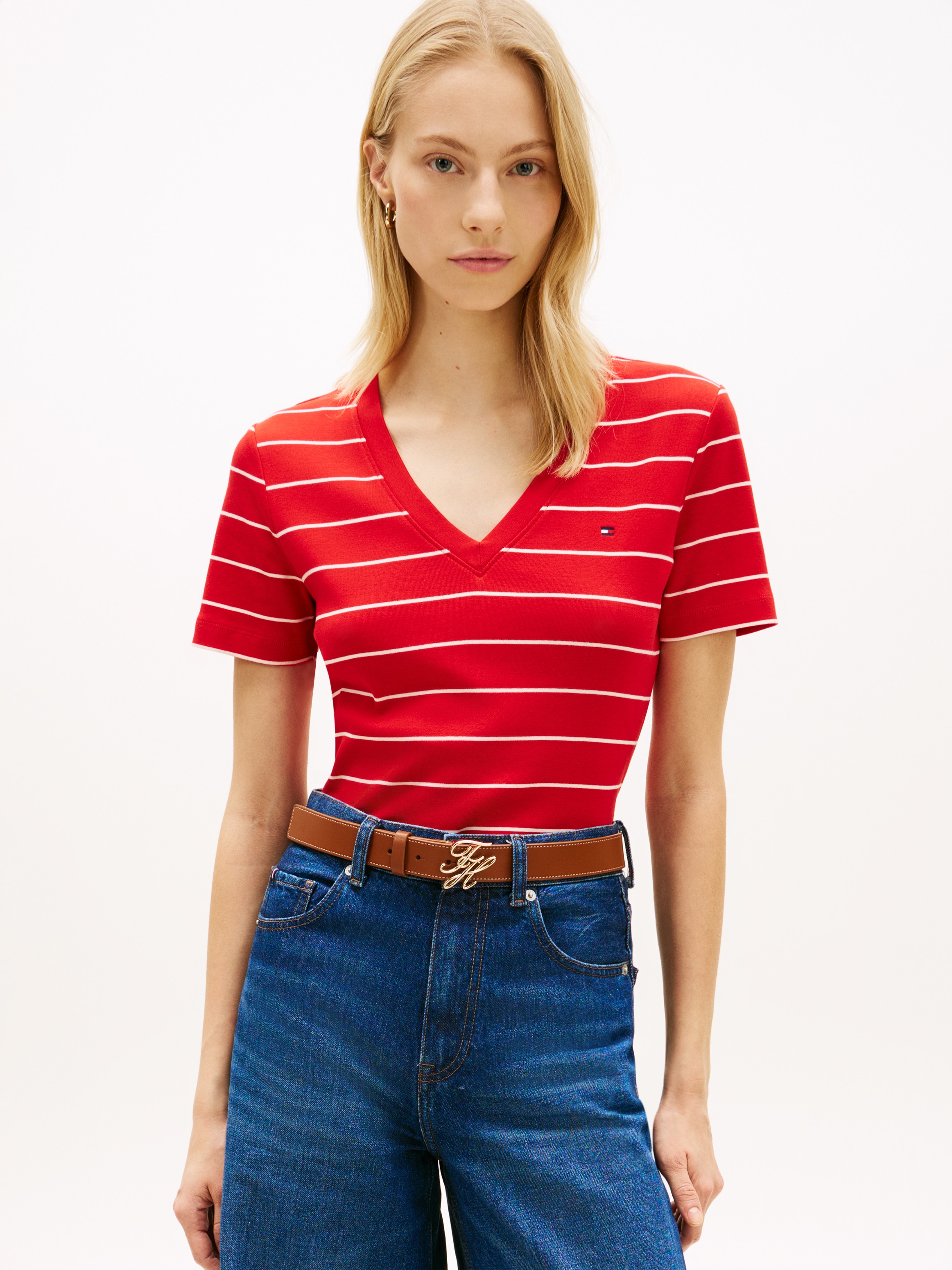 Tommy Hilfiger T-Shirt »SLIM CODY V-NECK SHORT SLEEVE« aus Baumwolle, Logostickerei, gestreift