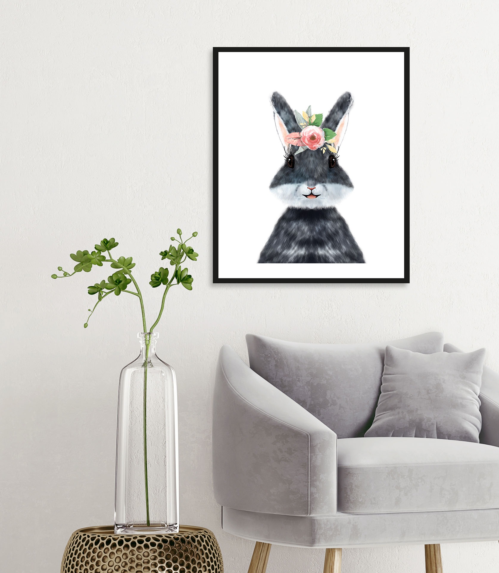 queence Bild »Albino«, Hase-Hasen-Haustiere-Kunst-Ostern-Blumen, (1 St.), HD Premium Poster-Druck inkl. Holzrahmen