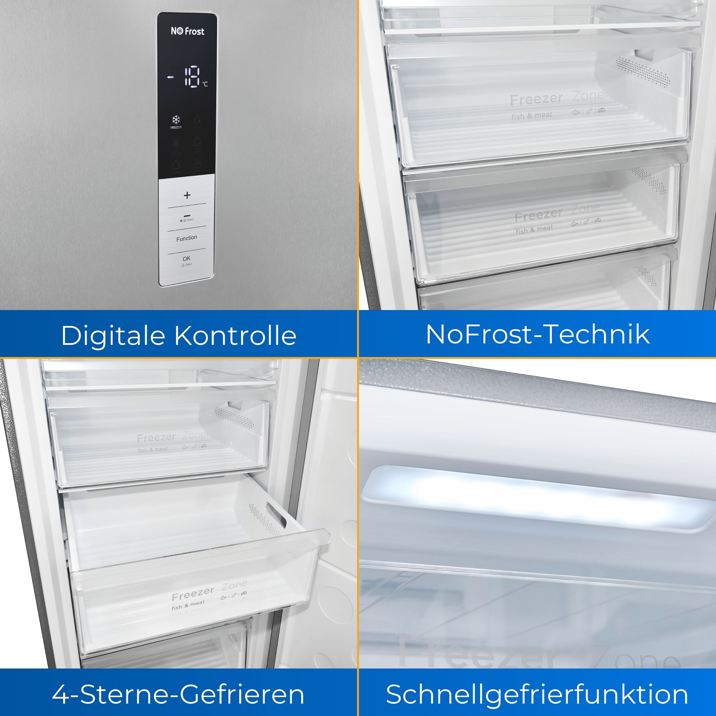 exquisit Gefrierschrank »GS380-NF-H-050D inoxlook«, 185,5 cm hoch, 71 cm breit, Türanschlag wechselbar