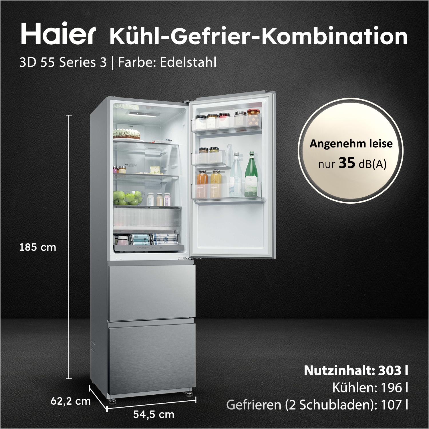 Haier Kühl-/Gefrierkombination »HTR3518ENMX« 185 cm hoch 54,5 cm breit Easy Access-Gefrierschubladen: Alles schnell gefunden