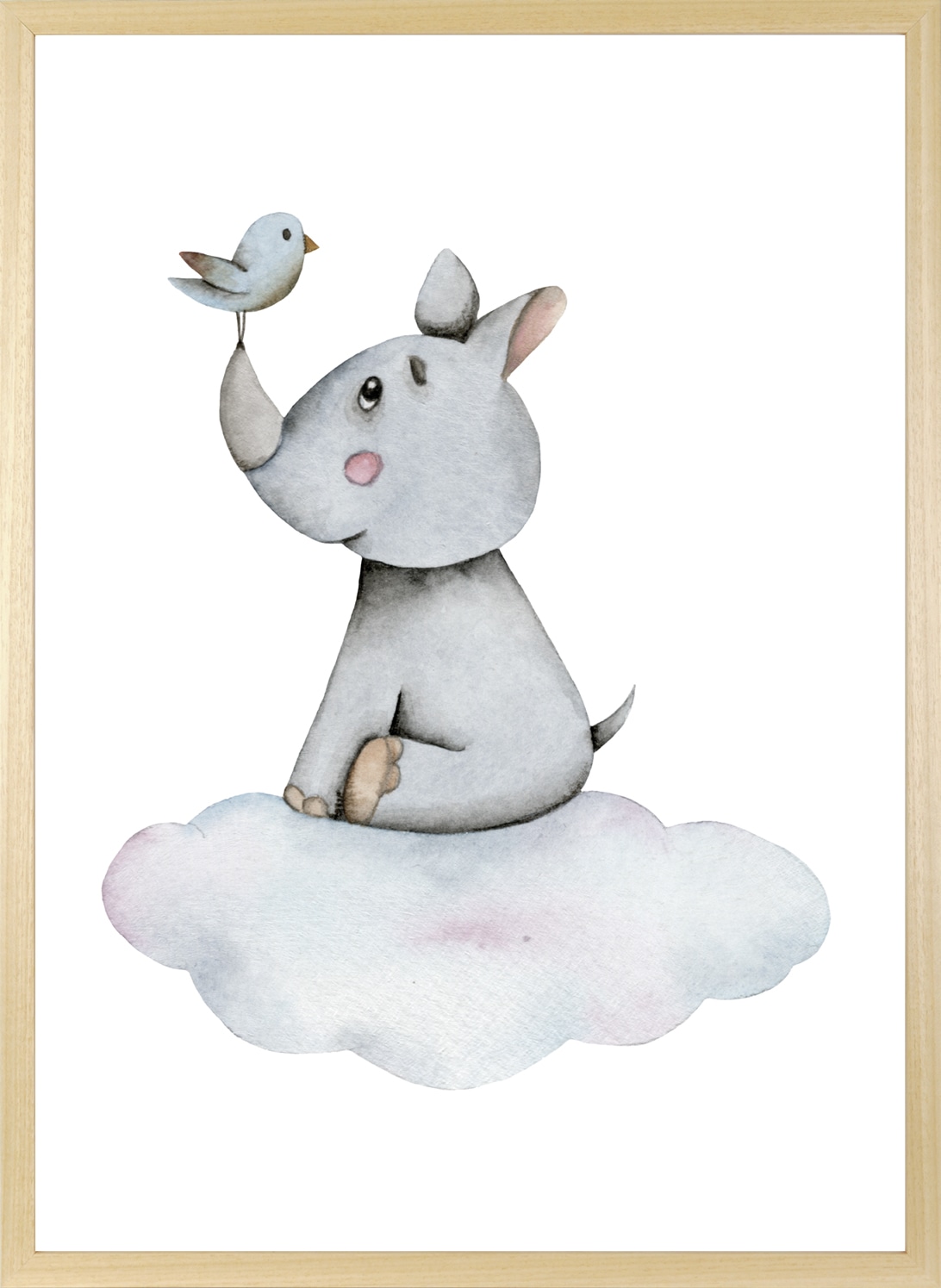 queence Bild mit Rahmen »Nashorn mit Vogel auf Wolke«, Fantasy-Himmel-Himmelsbilder-Nashorn-Tiere-Vögel-Vogelbilder-Wolken, (1 St.), HD Premium Posterdruck mit Echtholzrahmen