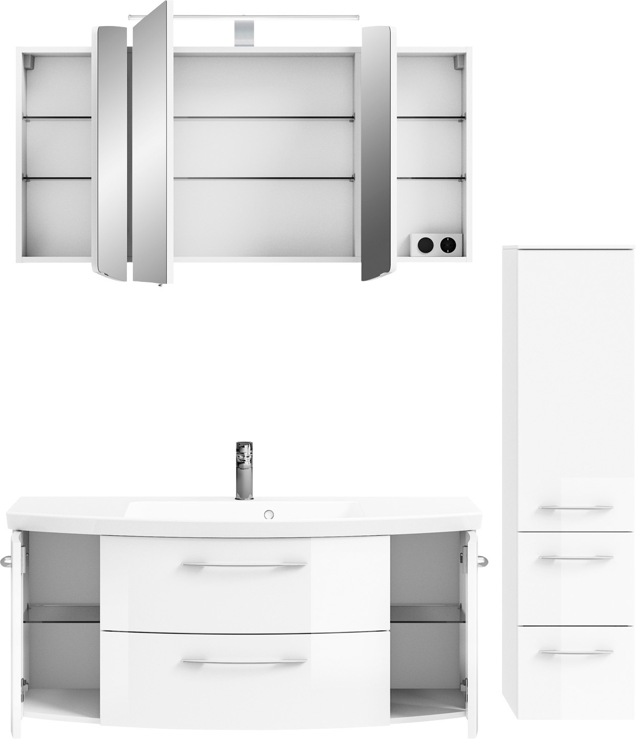 Saphir Badmöbel-Set »Cassca Sprint 3-teilig Mineralmarmor-Waschtisch mit LED-Spiegelschrank«, (4 St.), mit Midischrank, inkl. Türdämpfer, 6 Türen, 4 Türen
