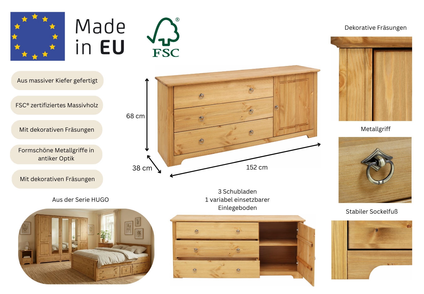 OTTO home Kombikommode »Hugo« aus massiver Kiefer,  Breite 152 cm
