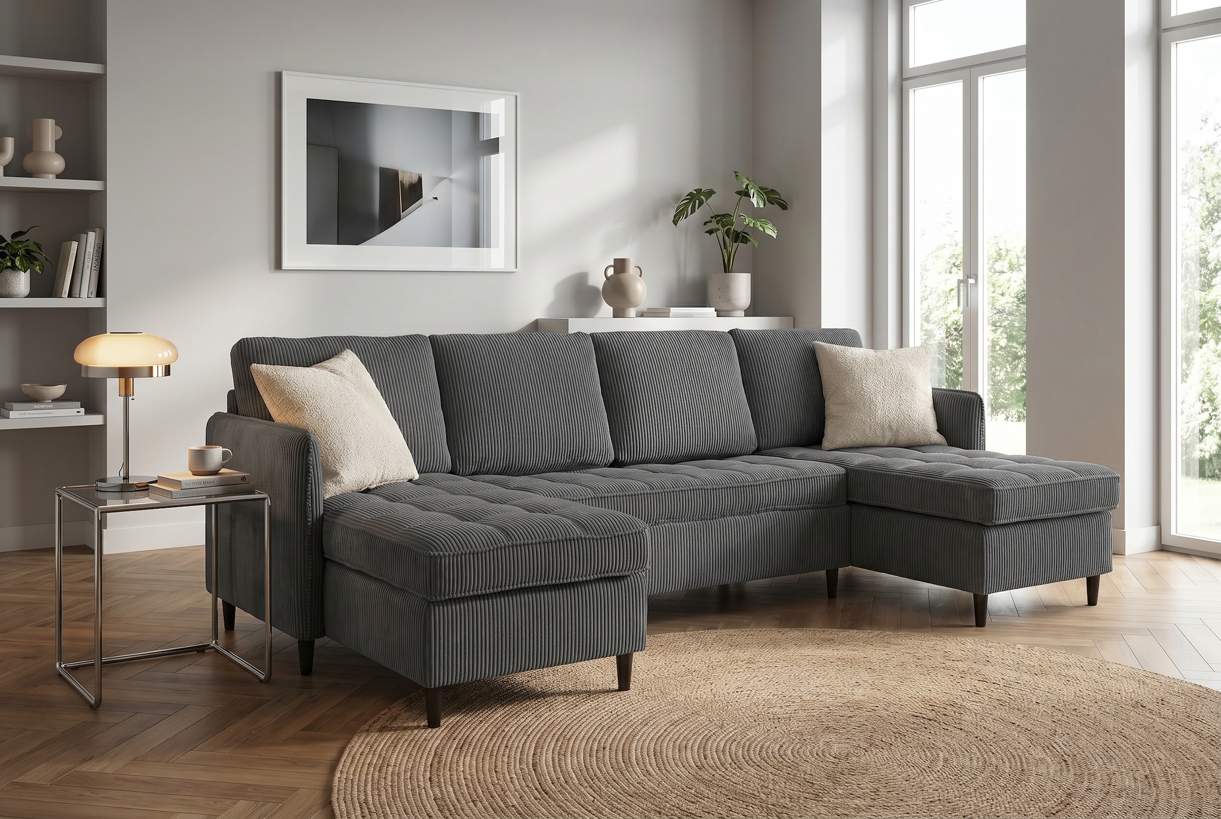 Dorel Home Wohnlandschaft »LINDHUS, Cord, Modulsofa, verschiedene Stellvarianten« Breite als U-Form (254cm) mit Verbindern fixierbar, Recamiere,Stauraum