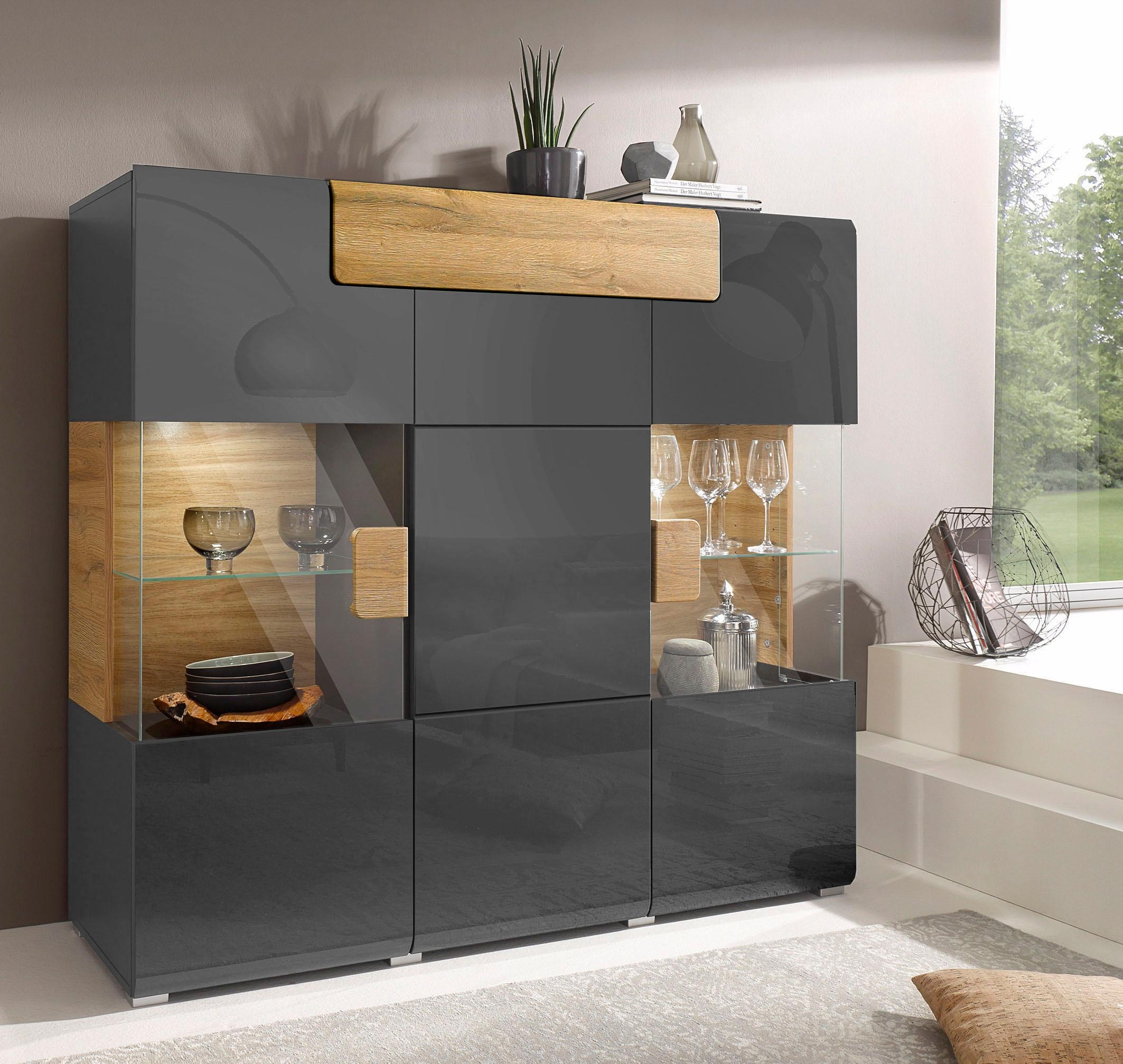 INOSIGN Highboard »Toledo,Breite 147,5cm,trendige Hochkommode mit 3Türen und Schublade«, Hochschrank mit Glas-Partien,stylische Hochglanzfronten