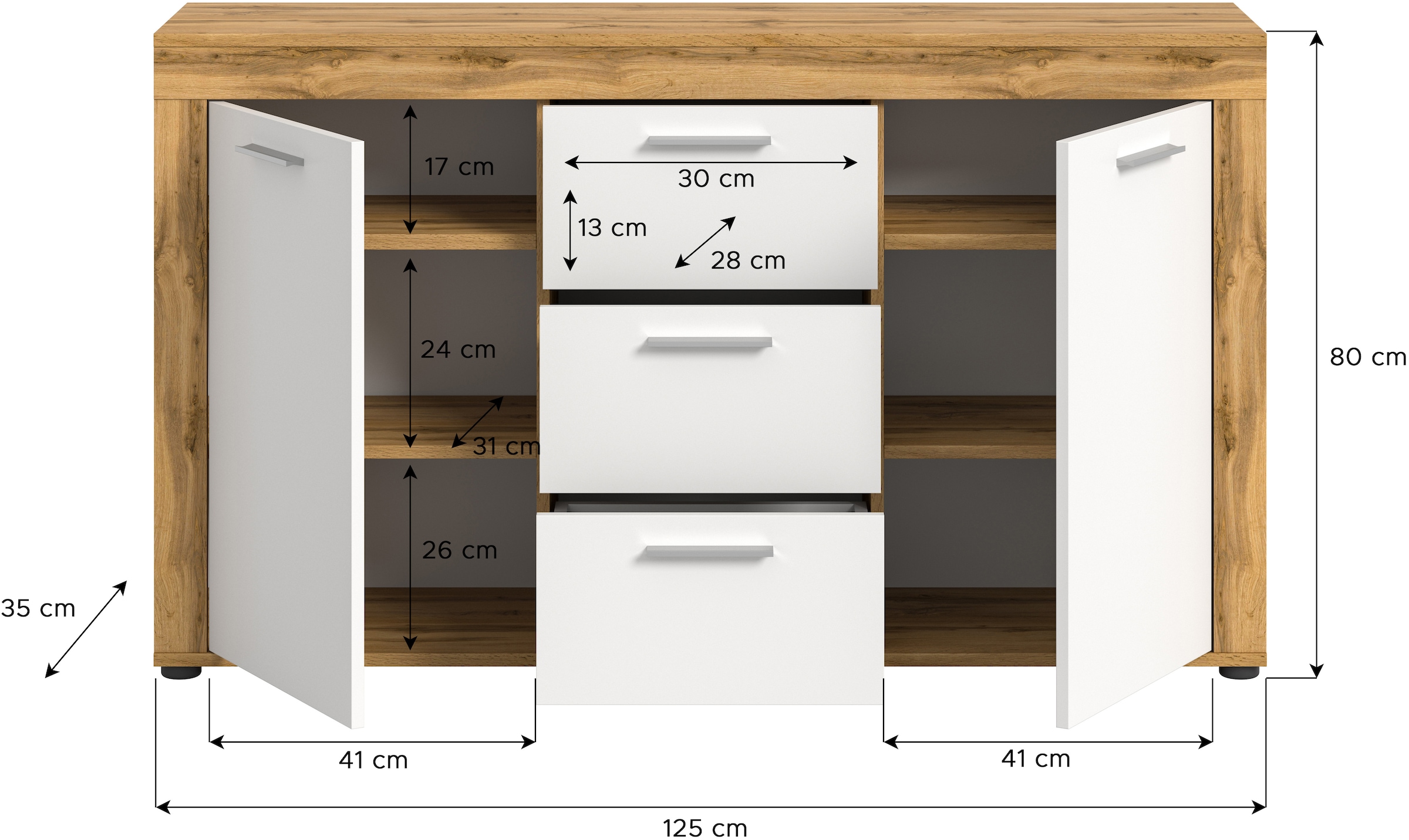 INOSIGN Sideboard »Aosta, Breite 125 cm, in verschiedenen Farbausführungen«, mit 2 Türen und 3 Schubkästen, Wohnzimmer, Kommode, Schrank