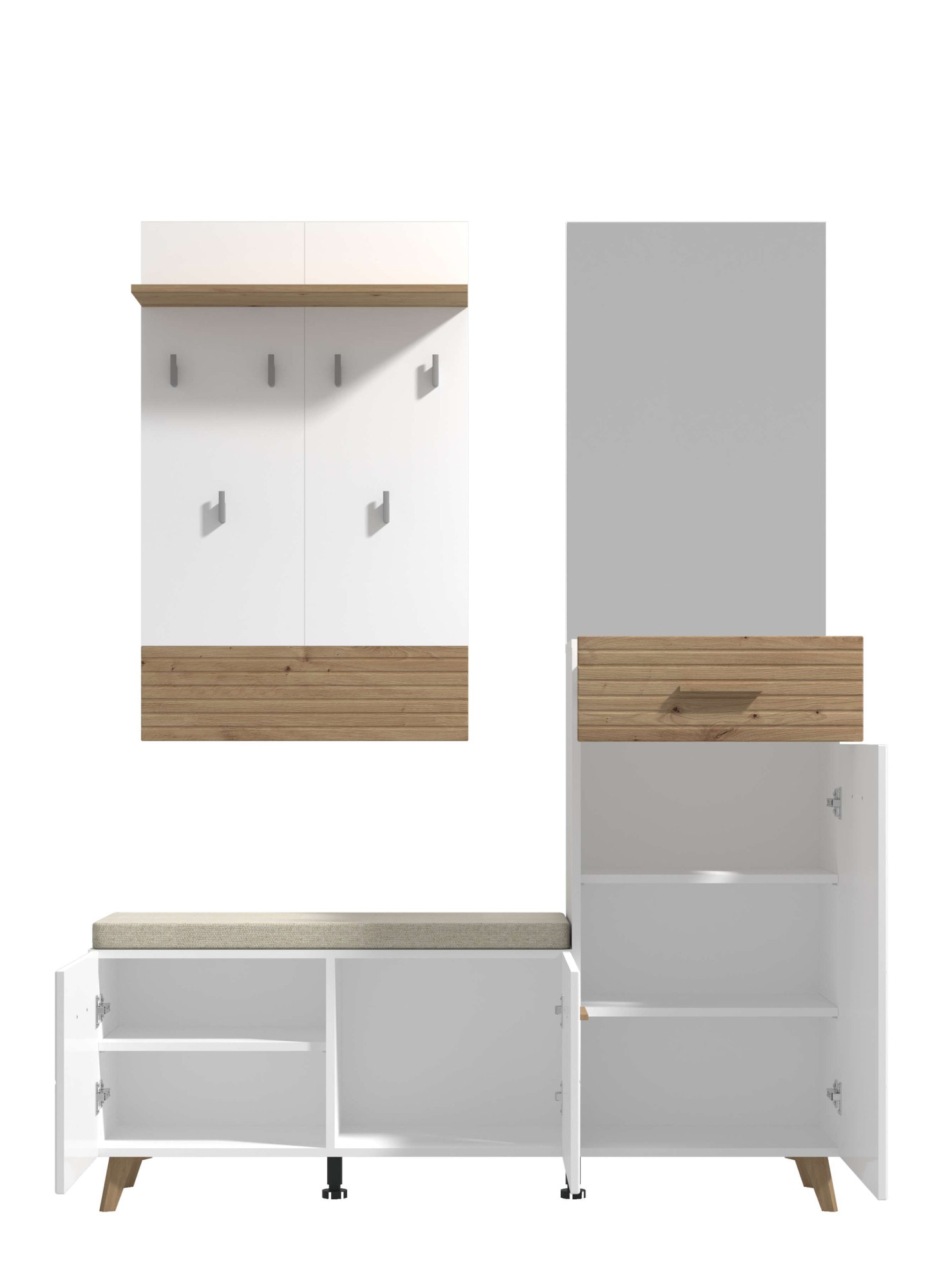 Home affaire Garderoben-Set »Sein Kompaktgarderobe, Flurgarderobe, Dielenschrank, Hochglanzfronten«, (Komplett-Set, 4 St.), mit Schuhschrank, Sitzbank, Garderobenpaneel und Spiegel