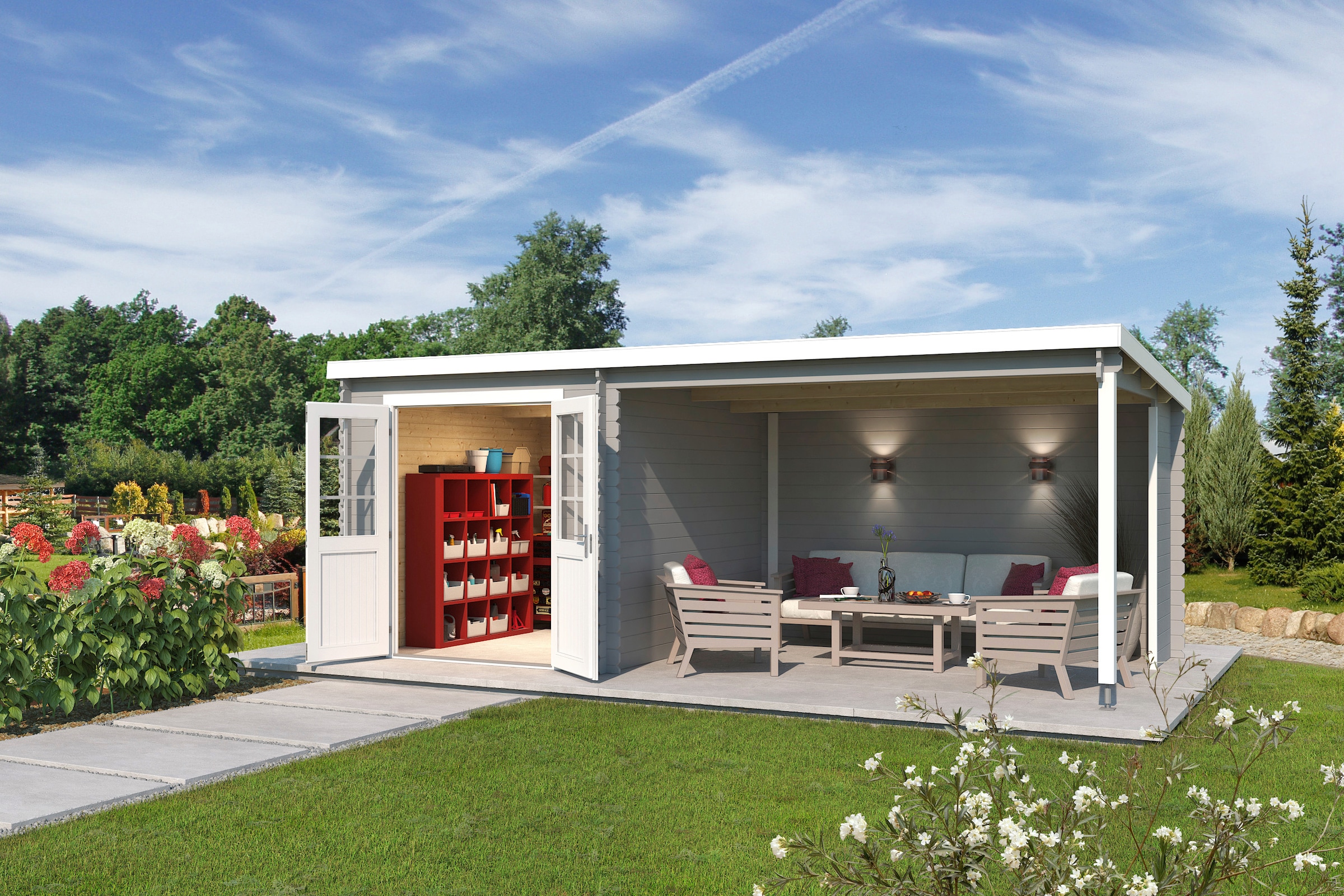 LASITA MAJA Gartenhaus »Saint Paul«, (Set), Blochbohlenhaus 28mm Anbau, Fundamentmass 2300x2750+3400, Lichtgrau