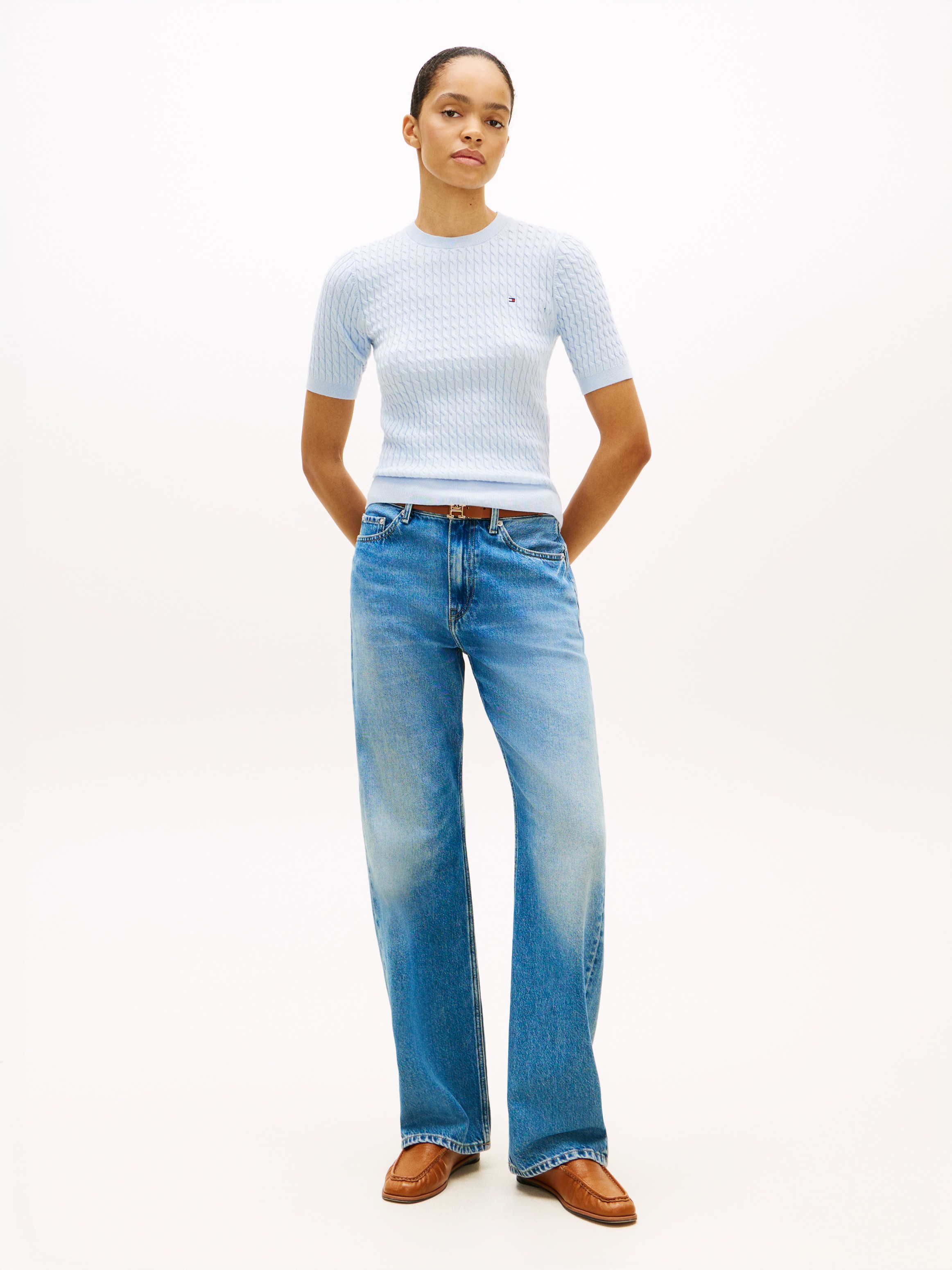 Tommy Hilfiger Kurzarmpullover »CO CABLE RWB C-NK SS SWT« Baumwolle, mit Zopfmuster