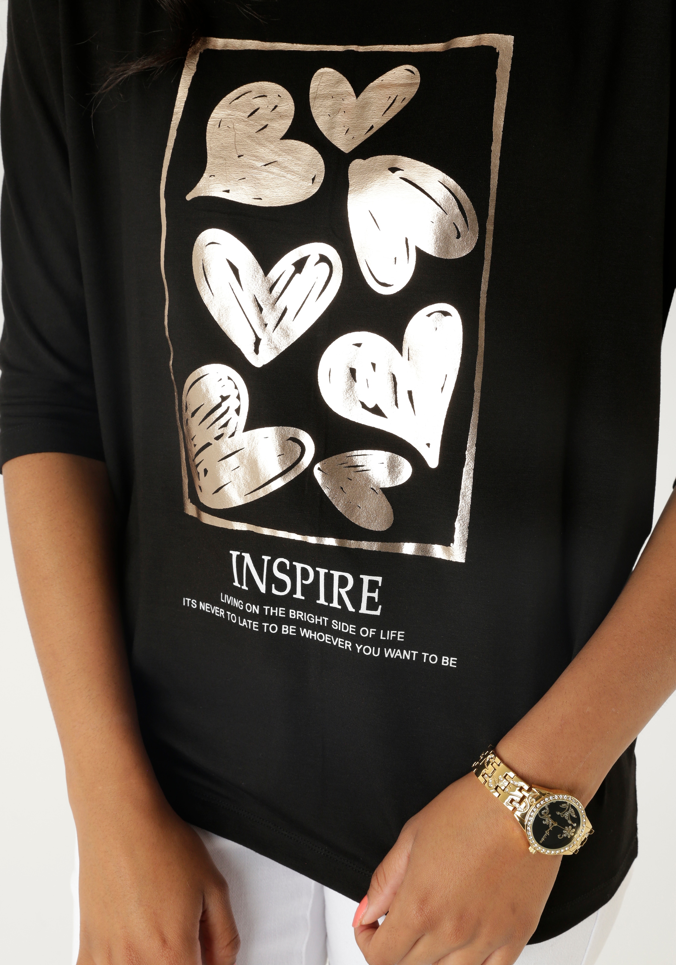 Aniston SELECTED 3/4-Arm-Shirt, mit goldfarbigen Herzen und Statementspruch
