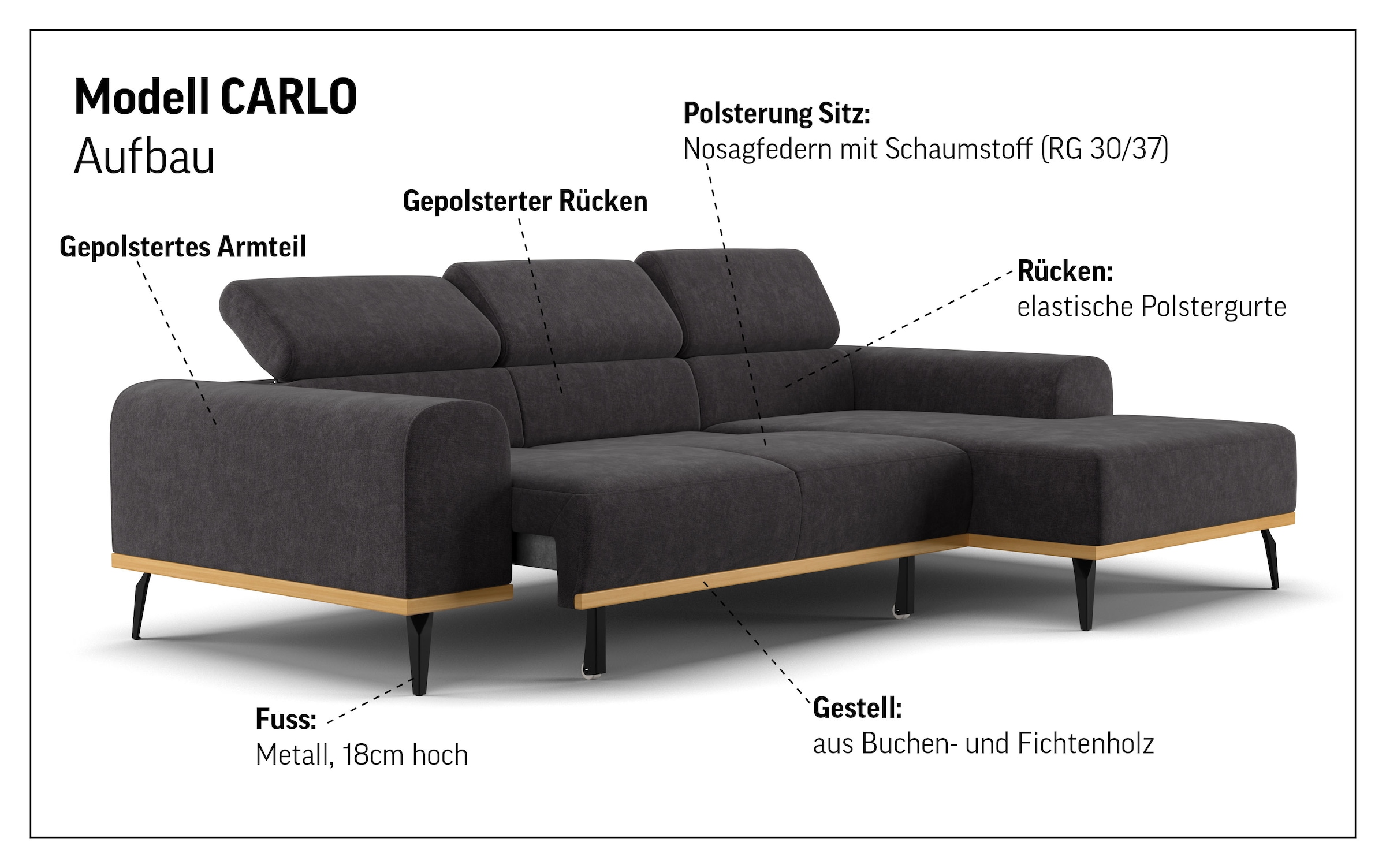 Places of Style Ecksofa »Carlo L-Form«, mit Kopfteilverstellung & Holz-Rahmenoptik, wahlweise Relaxfunktion