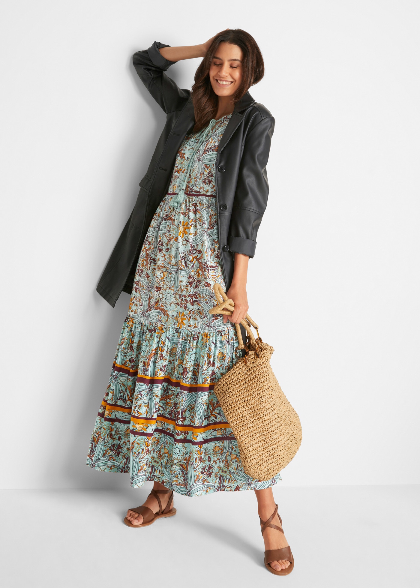 bonprix Maxikleid eleganter Stil, aus Viskose, Loose Fit, ärmellos, mit Bordürendruck