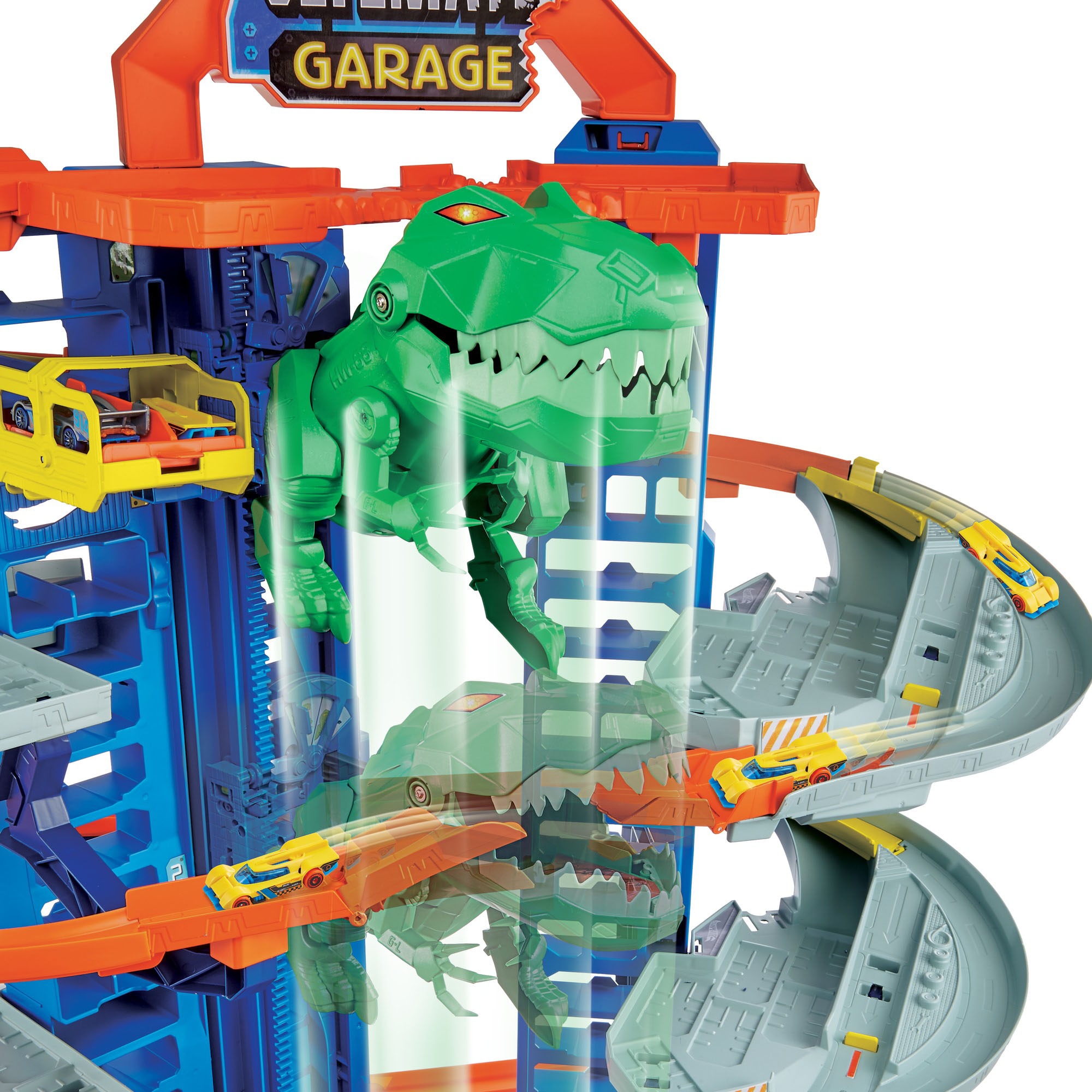 Hot Wheels Autorennbahn »Megacity Parkgarage mit T-Rex-Angriff«, inkl. 2 Spielautos