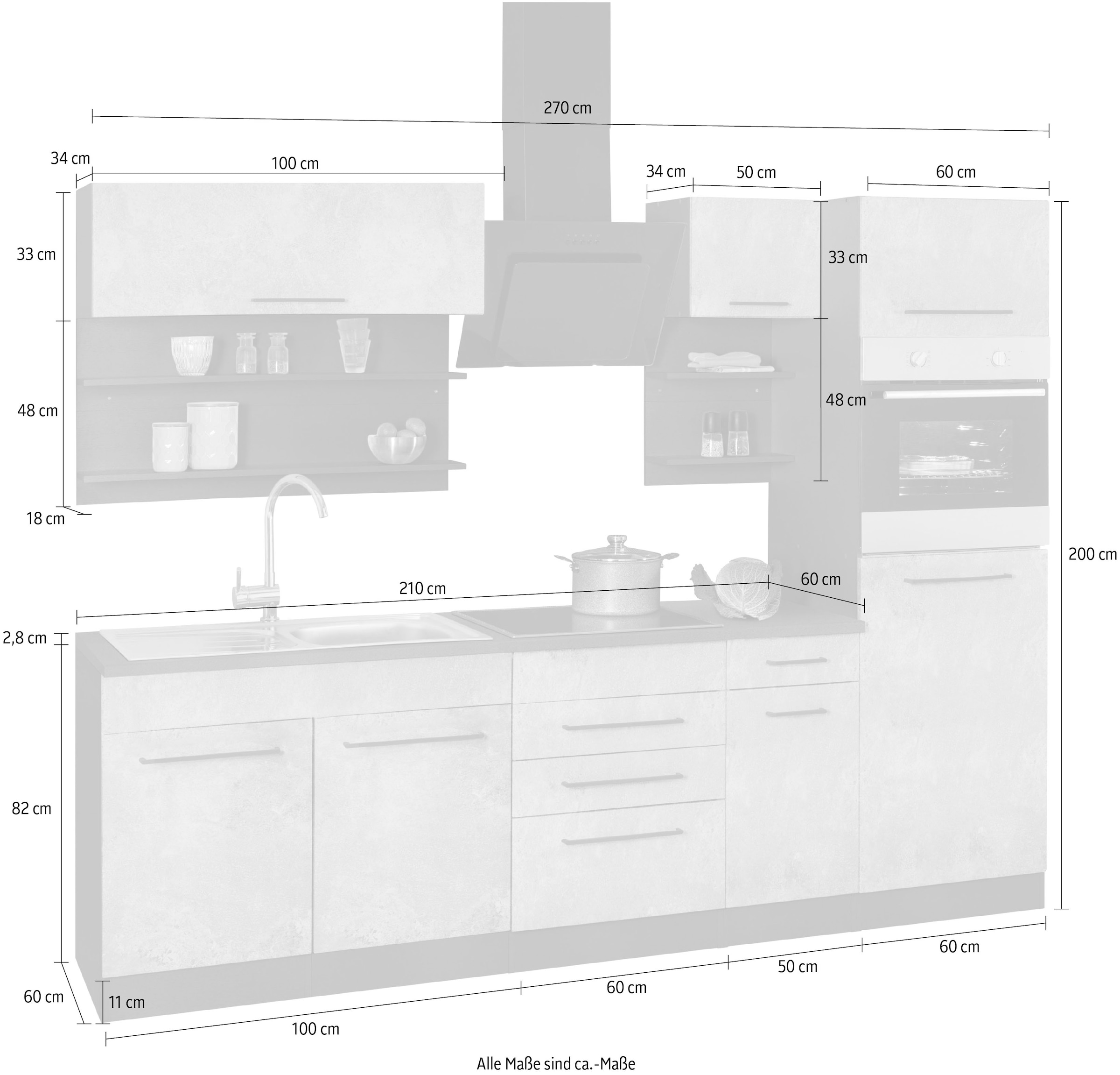 KOCHSTATION Küchenzeile »KS-Tulsa«, mit E-Geräten, Breite 270 cm, schwarze Metallgriffe, MDF Fronten