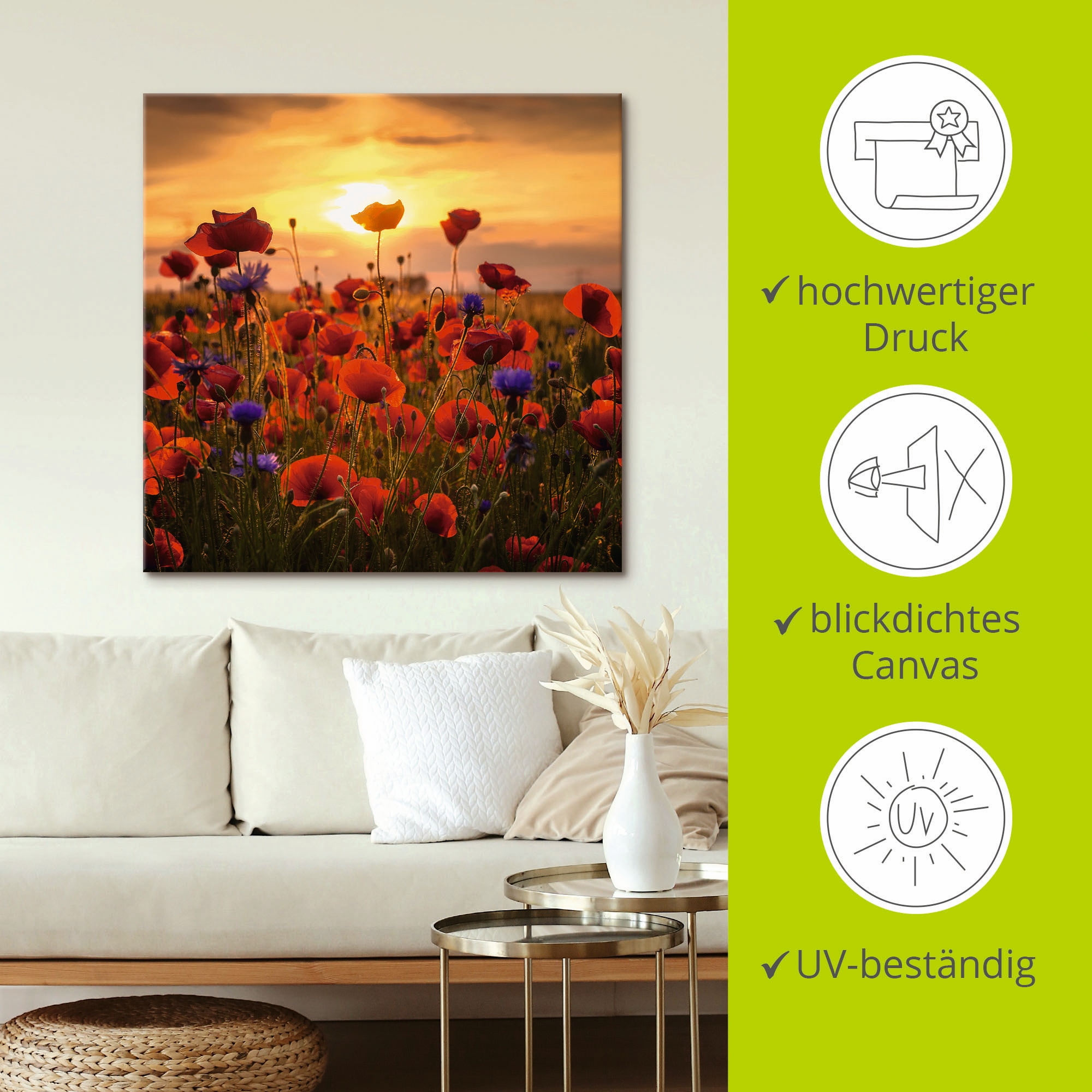 Artland Leinwandbild »Mohnblumen im Abendlicht« Blumen 1 Stk. tlg. auf Holzrahmen gespannt